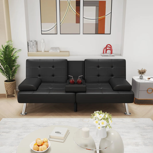 Futon Sofa Bed Faux Leather Couch Modern Convertible Folding Recliner with 2 Cup Holders