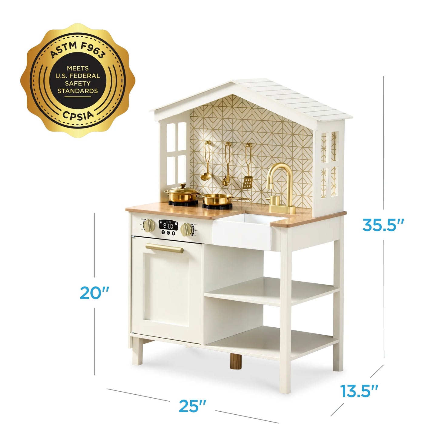Pretend Play Wooden Farmhouse Kitchen Set W/ Storage, Clicking Knobs, 5 Accessories - Cream