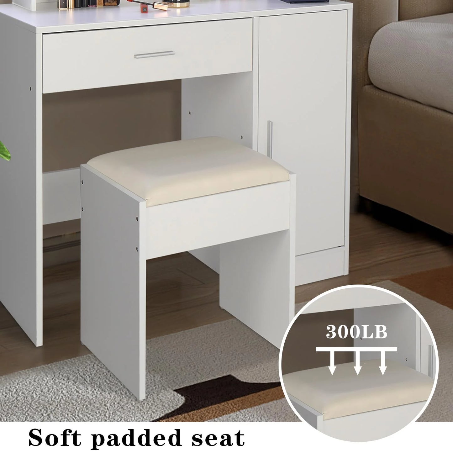 Vanity Set with 3 Color Lighted Mirror, Makeup Table with 3 Storage Shelves & Drawers, Dressing Table Makeup Desk with Stool,White