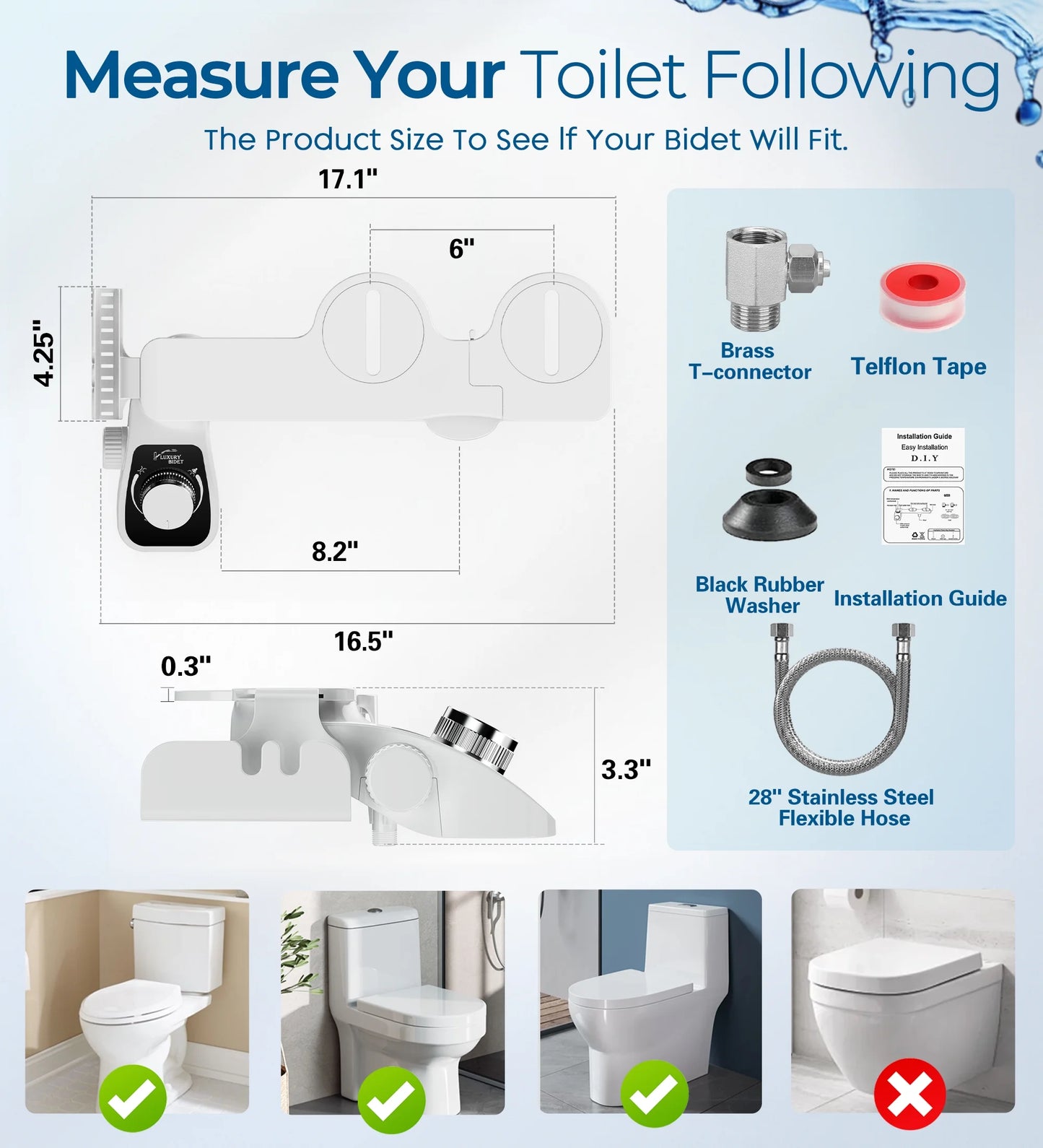 Dual Nozzle Non-Electric Bidet Toilet Attachment with Filtration and Self-Cleaning, Adjustable Pressure Control
