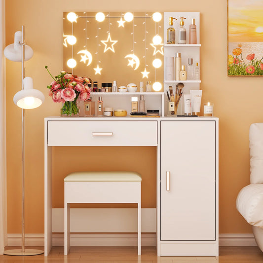 Vanity Set with 3 Color Lighted Mirror, Makeup Table with 3 Storage Shelves & Drawers, Dressing Table Makeup Desk with Stool,White
