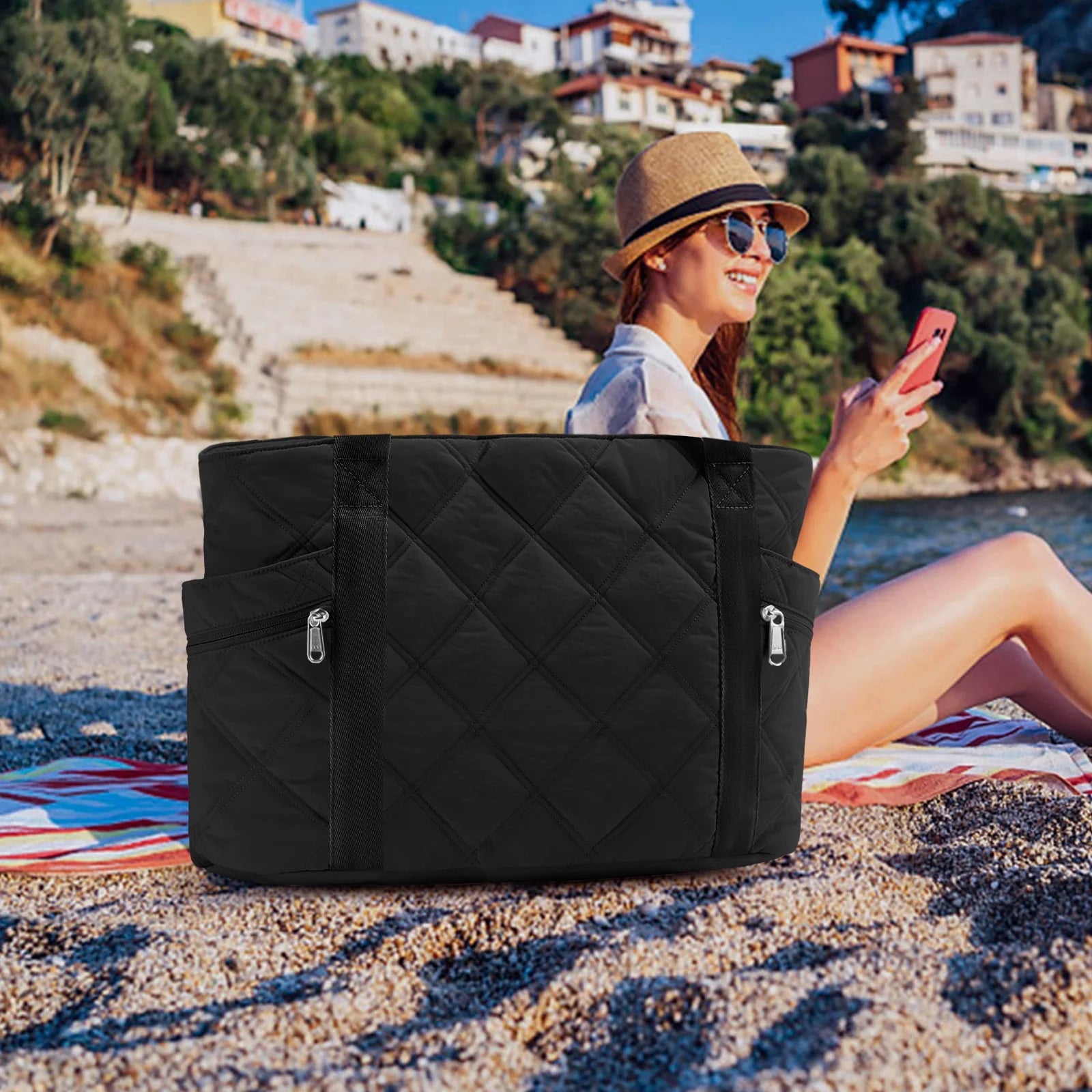 Tote Bag for Women Travel Bags Quilted Carry on Shoulder Bag for Travel Gym Weekend, Black