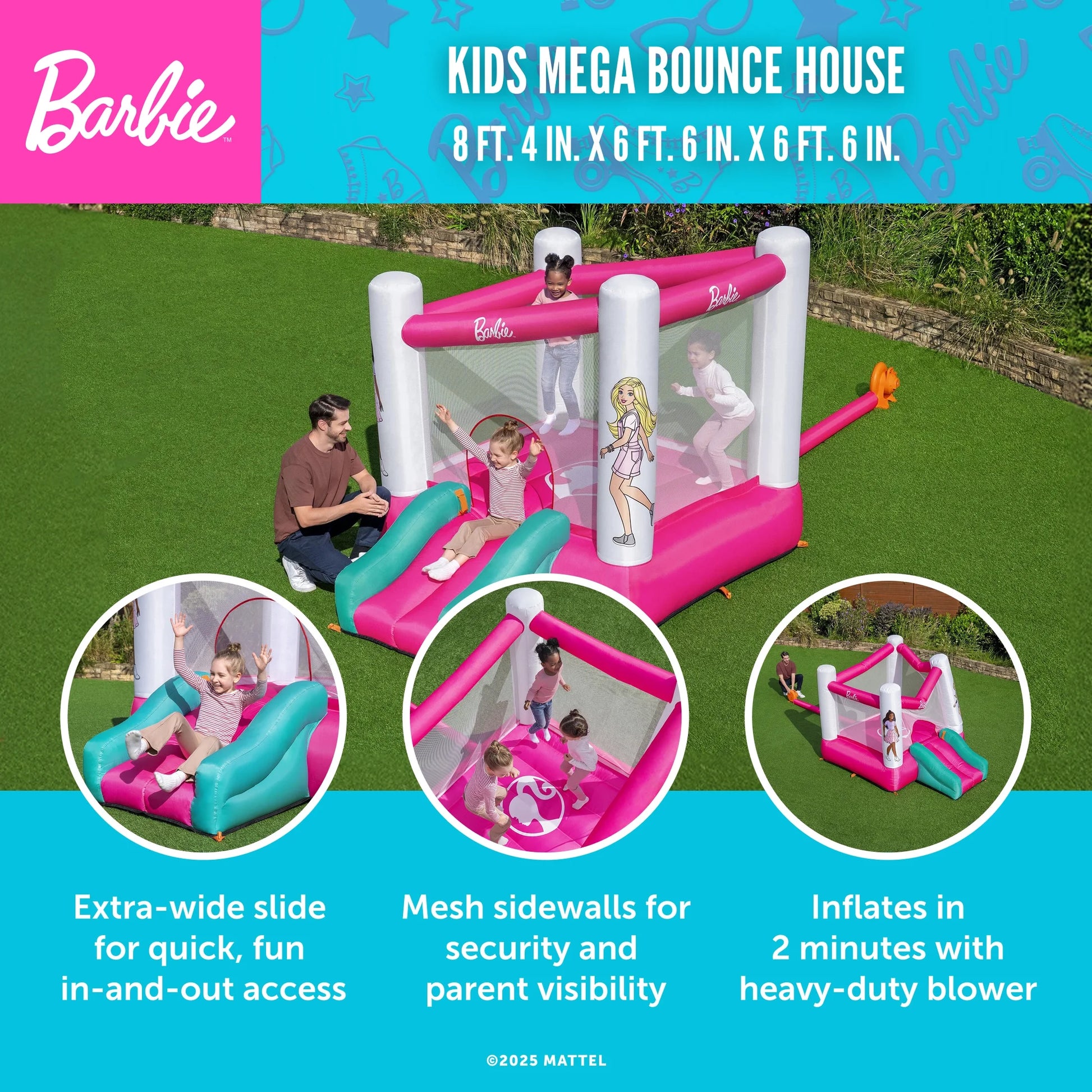 Bounce House with Extra-Wide Slide, Mesh Walls and Blower, Indoor/Outdoor, Ages 3+