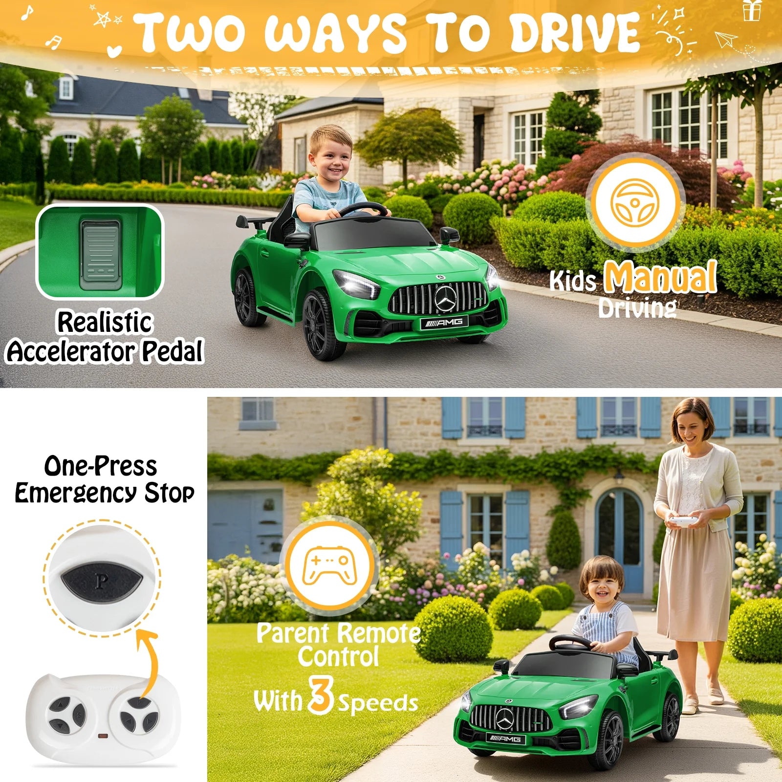 12V Licensed Mercedes-Benz Electric Ride on Cars Toys for Kids, Power Wheels with Parent Remote Control, Green