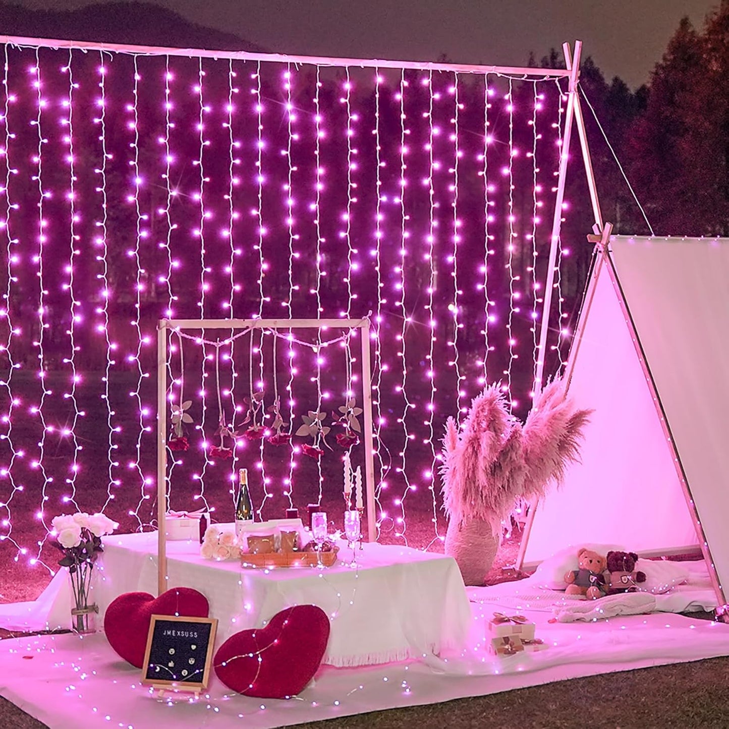 300 LED Curtain Lights Plug in with Remote, 9.8X9.8Ft Pink Valentine Lights Lights Indoor, 8 Modes Pink Christmas String Lights for Bedroom Window Wall Party Proposal Valentine'S Day Decor