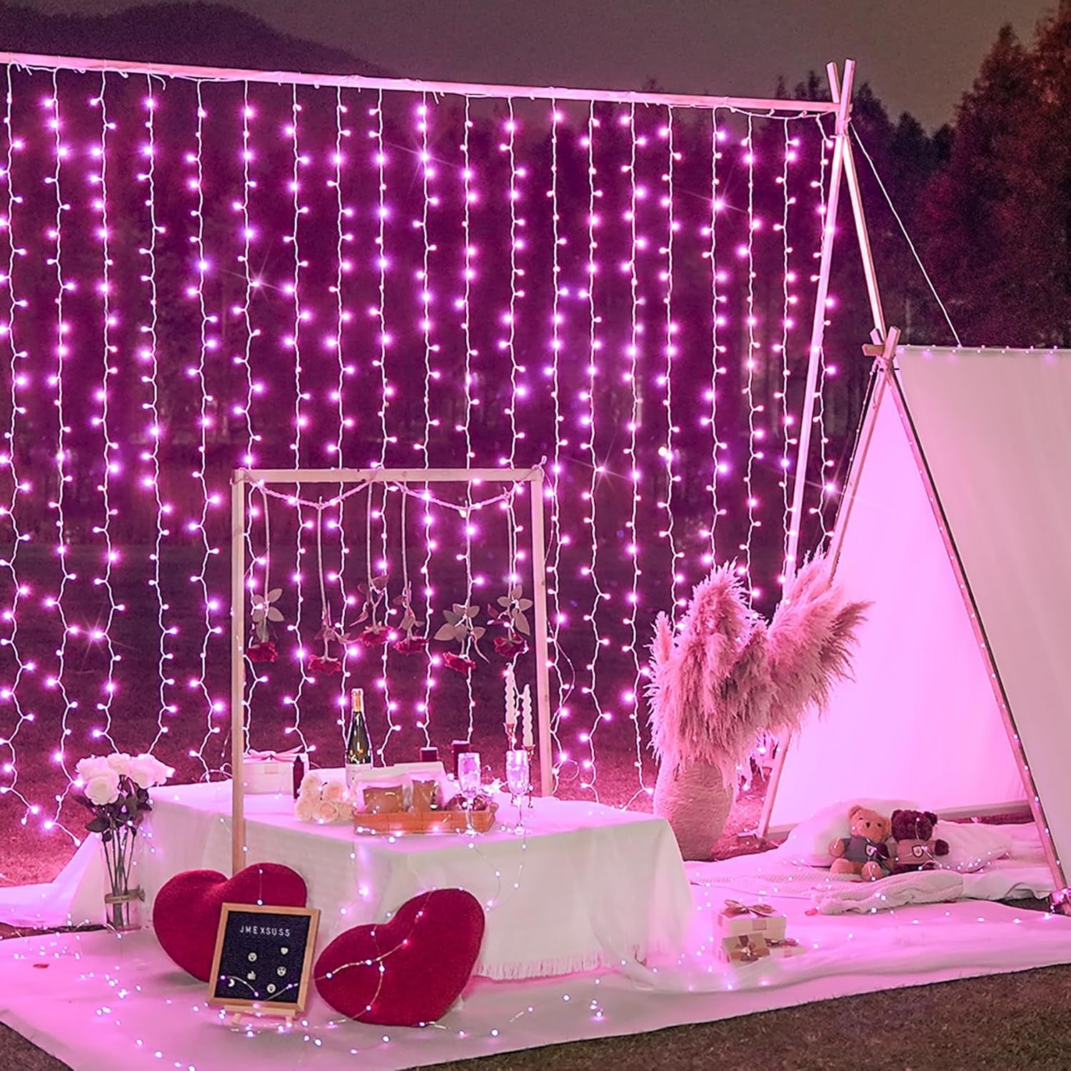 300 LED Curtain Lights Plug in with Remote, 9.8X9.8Ft Pink Valentine Lights Lights Indoor, 8 Modes Pink Christmas String Lights for Bedroom Window Wall Party Proposal Valentine'S Day Decor