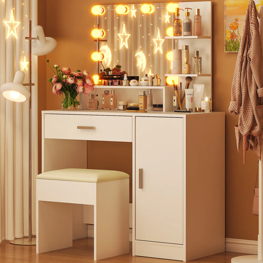 Vanity Set with 3 Color Lighted Mirror, Makeup Table with 3 Storage Shelves & Drawers, Dressing Table Makeup Desk with Stool,White