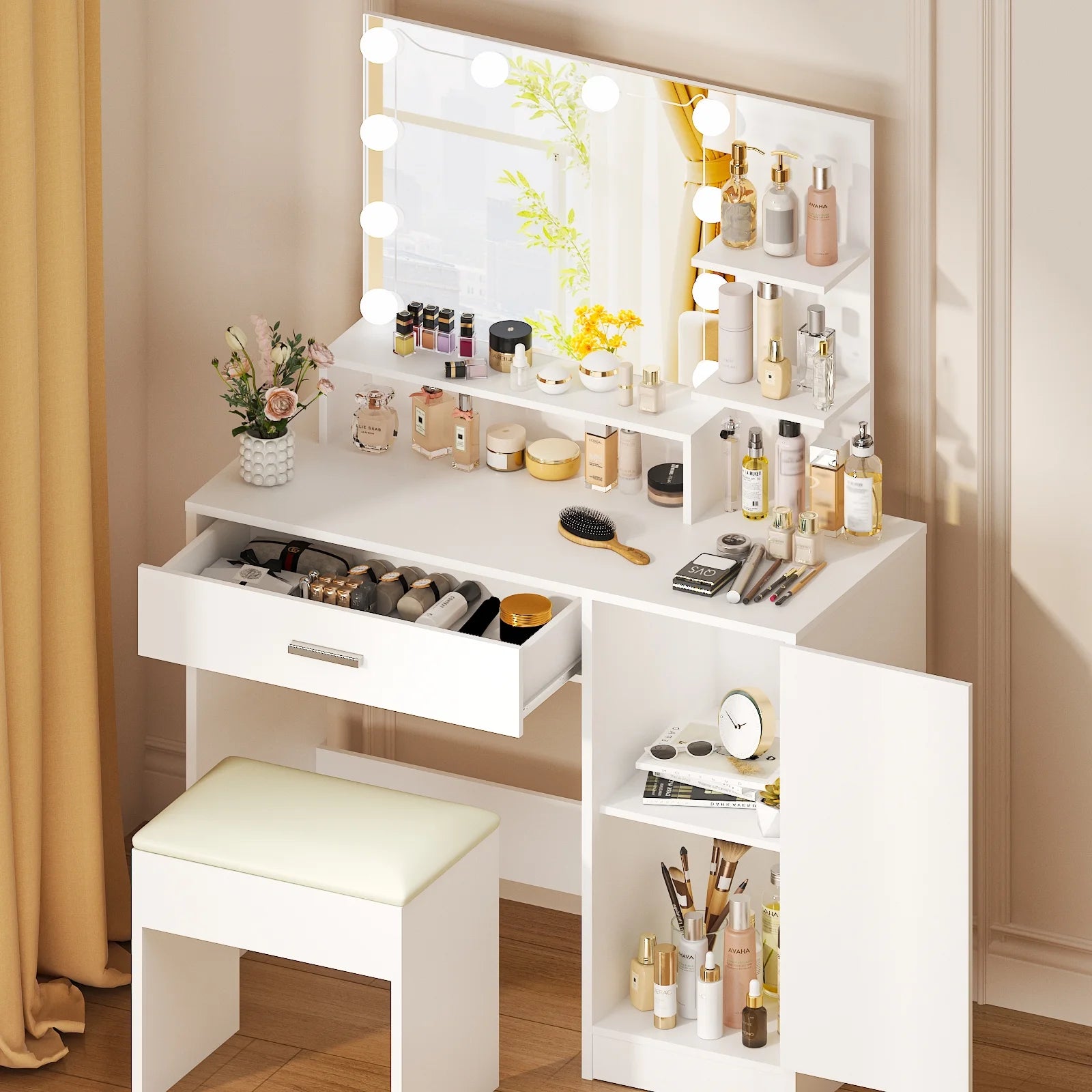 Vanity Set with 3 Color Lighted Mirror, Makeup Table with 3 Storage Shelves & Drawers, Dressing Table Makeup Desk with Stool,White