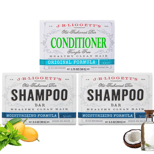 J.R.LIGGETT’S Shampoo and Conditioner Bar - Conditioner 1.75Oz + Two Moisturizing Formula Solid Shampoo Bar 3.5Oz - All-Natural Ingredients for Hair Clean, Soft, Tangle-Free, 3 Pack