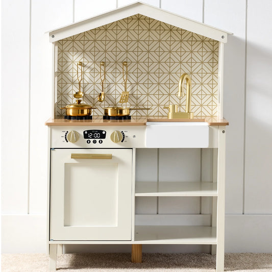 Pretend Play Wooden Farmhouse Kitchen Set W/ Storage, Clicking Knobs, 5 Accessories - Cream