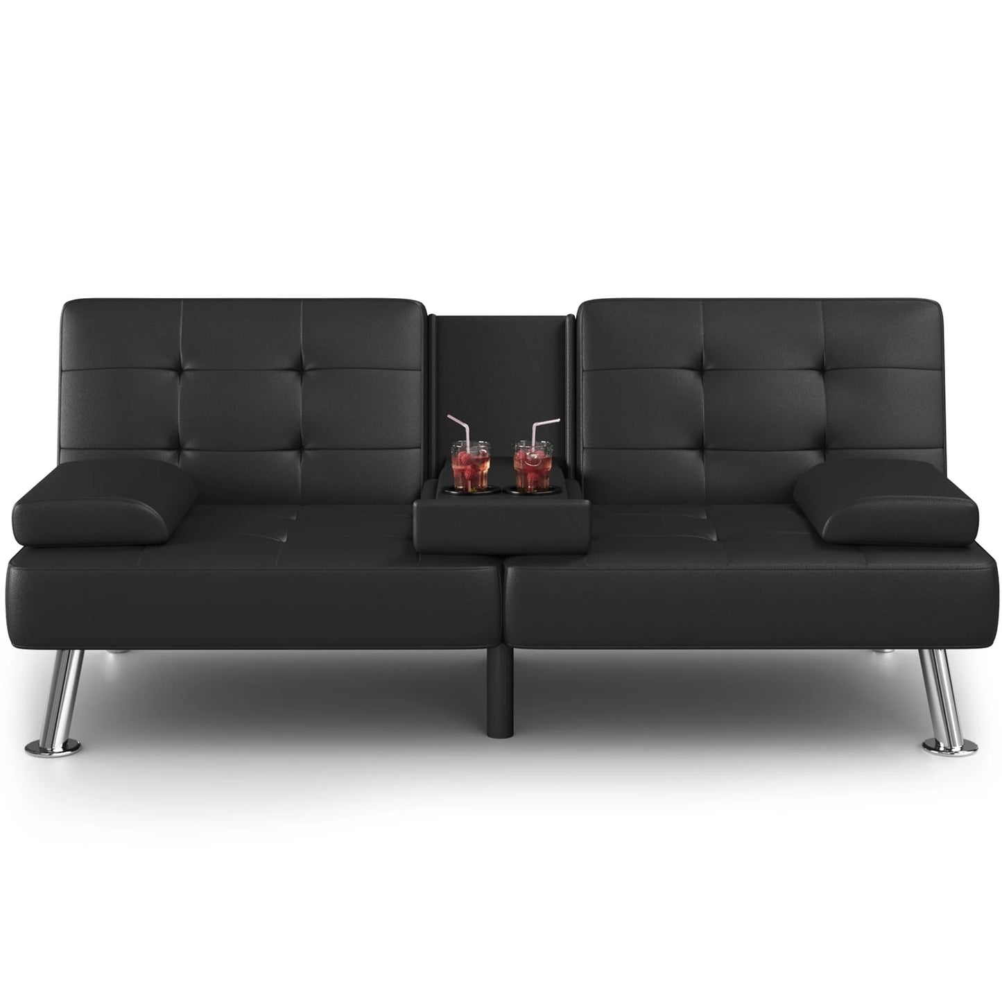 Futon Sofa Bed Faux Leather Couch Modern Convertible Folding Recliner with 2 Cup Holders
