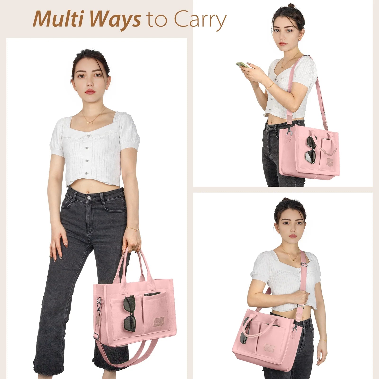 Canvas Tote Bag for Women with Pockets, Laptop Work Crossbody Everyday Satchel, Purses Everything Shoulder Tote Bag Everyday Satchel Handbags Messenger Gym Totes, Pink