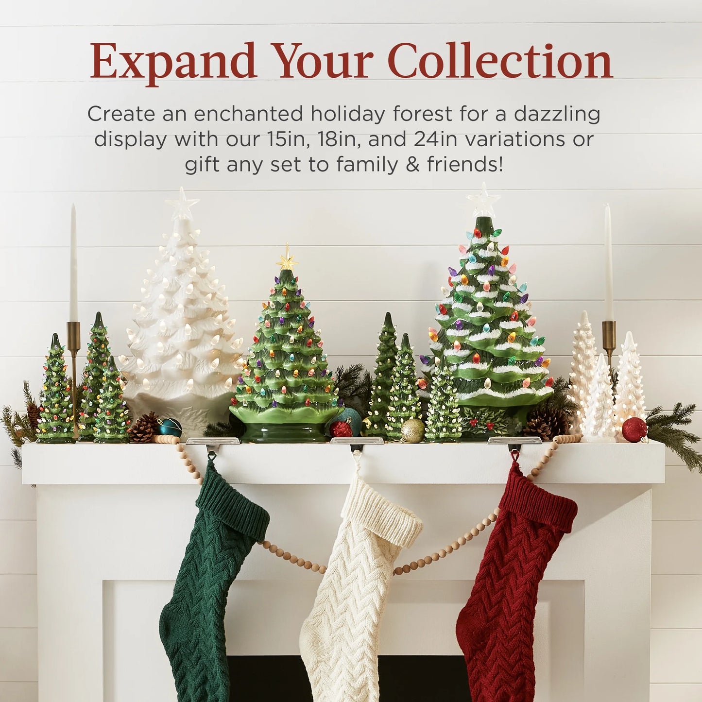 Set of 3 Pre-Lit Hand-Painted Ceramic Tabletop Christmas Trees W/ Multicolor Lights - Green