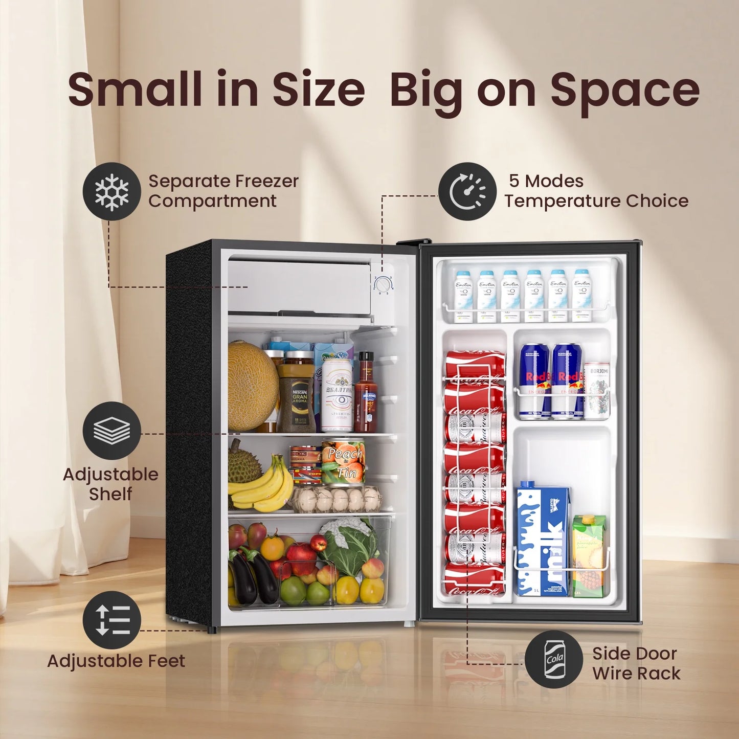 3.2 Cu.Ft. Mini Fridge, Compact Refrigerator with Reversible Door, Silver
