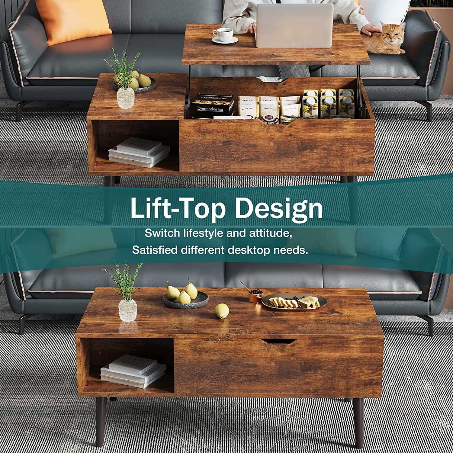 Adjustable Height Wooden Coffee Table with Hidden Compartments and Shelves - Perfect for Small Homes, Apartments, Reception Rooms, Rust Brown