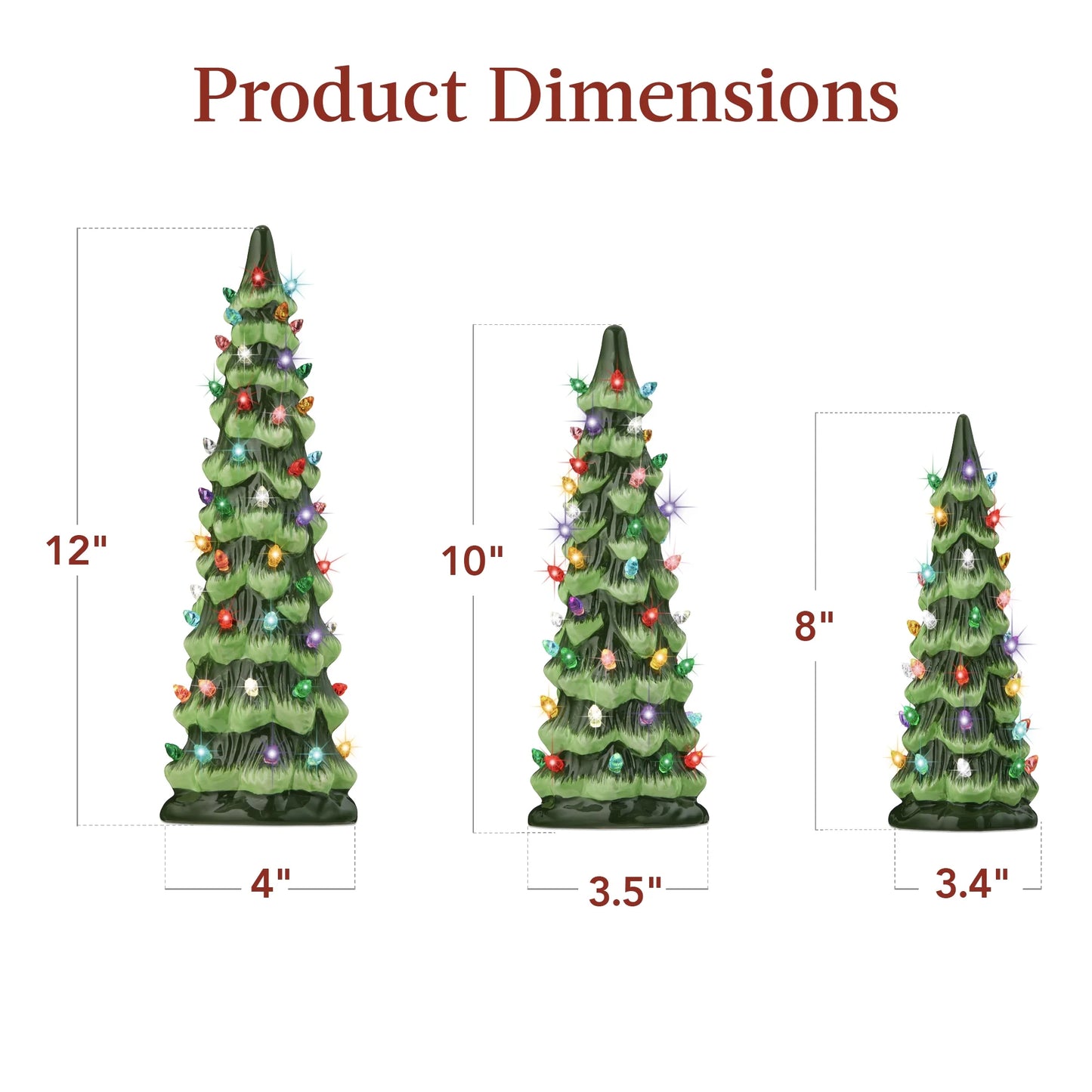 Set of 3 Pre-Lit Hand-Painted Ceramic Tabletop Christmas Trees W/ Multicolor Lights - Green