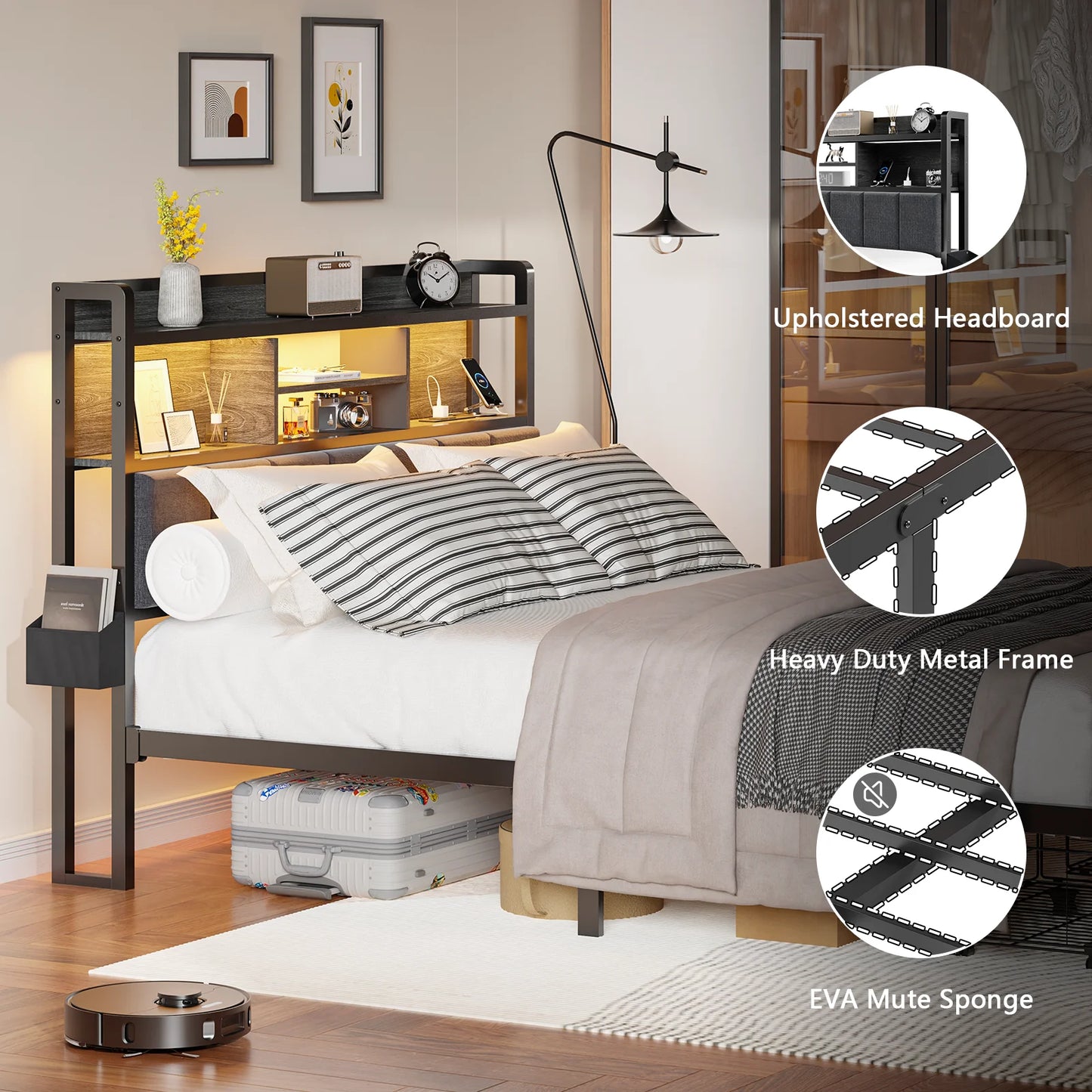 Full Size Bed Frame with 49.2" High LED Storage Headboard Shelf, Bed Metal Platform, Black