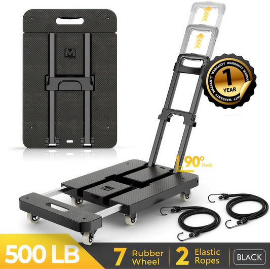 Folding Hand Truck, 500 LBS Heavy Duty Dolly Cart, Utility Platform Cart with 6 Wheels for Travel, House, Office, Shopping, Moving Use - Black Folded Size Is 11.8 X 17.7”