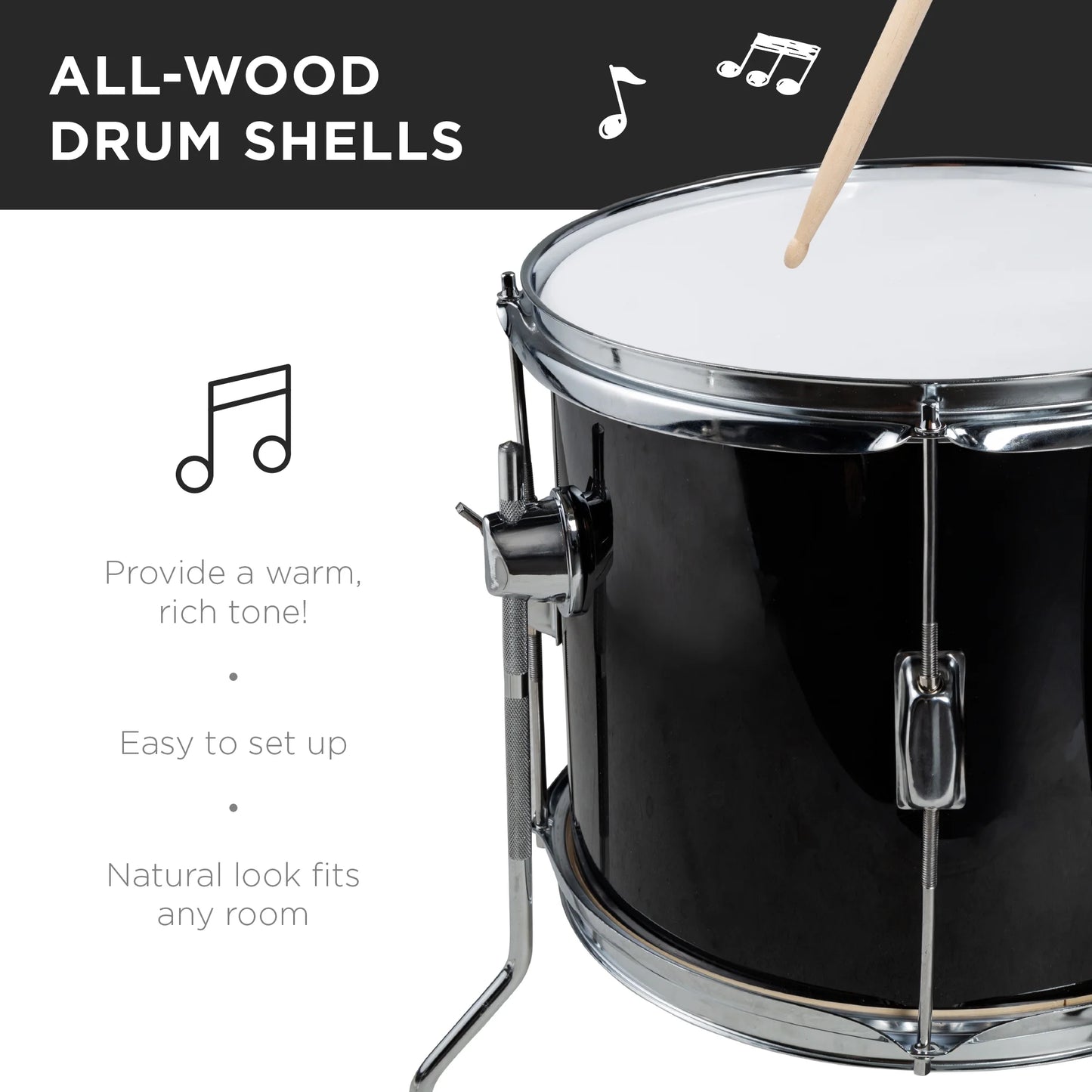 5-Piece Kids Beginner Junior Drum Set, Percussion Instrument Starter Kit W/ Stool - Black