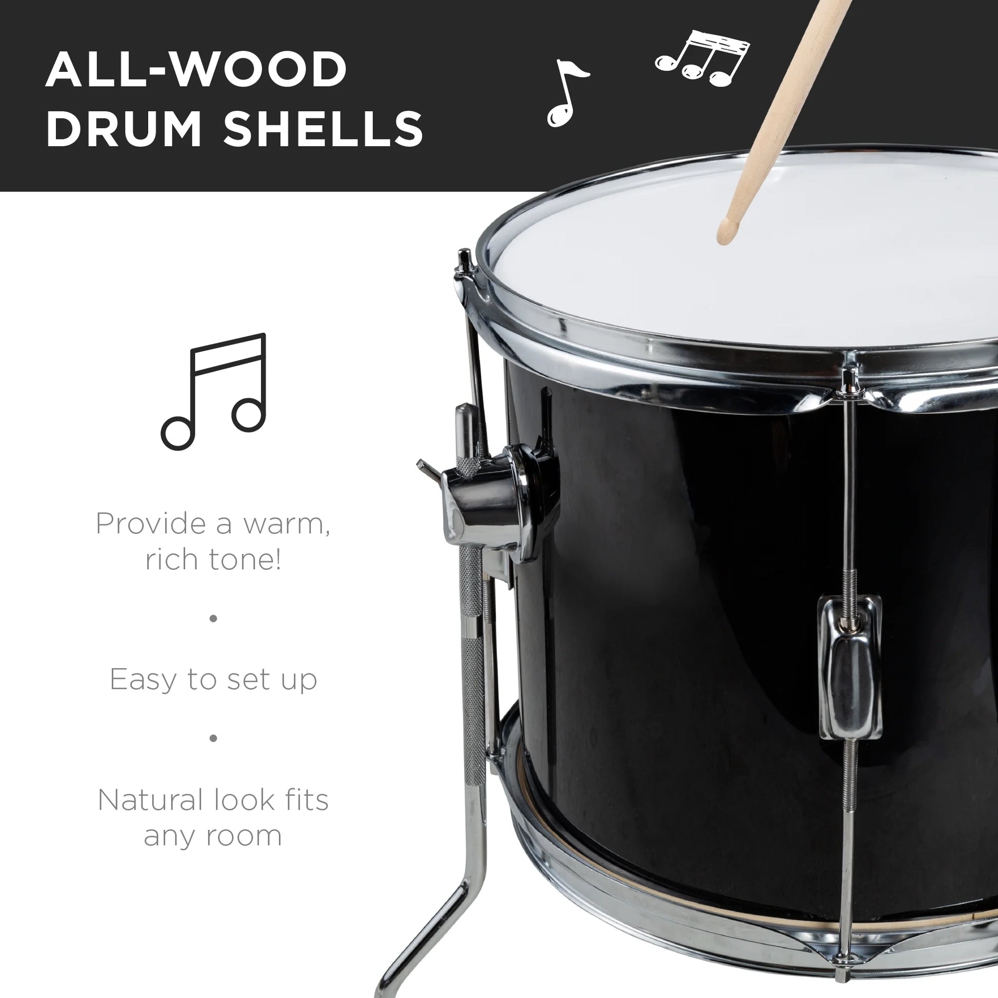 5-Piece Kids Beginner Junior Drum Set, Percussion Instrument Starter Kit W/ Stool - Black