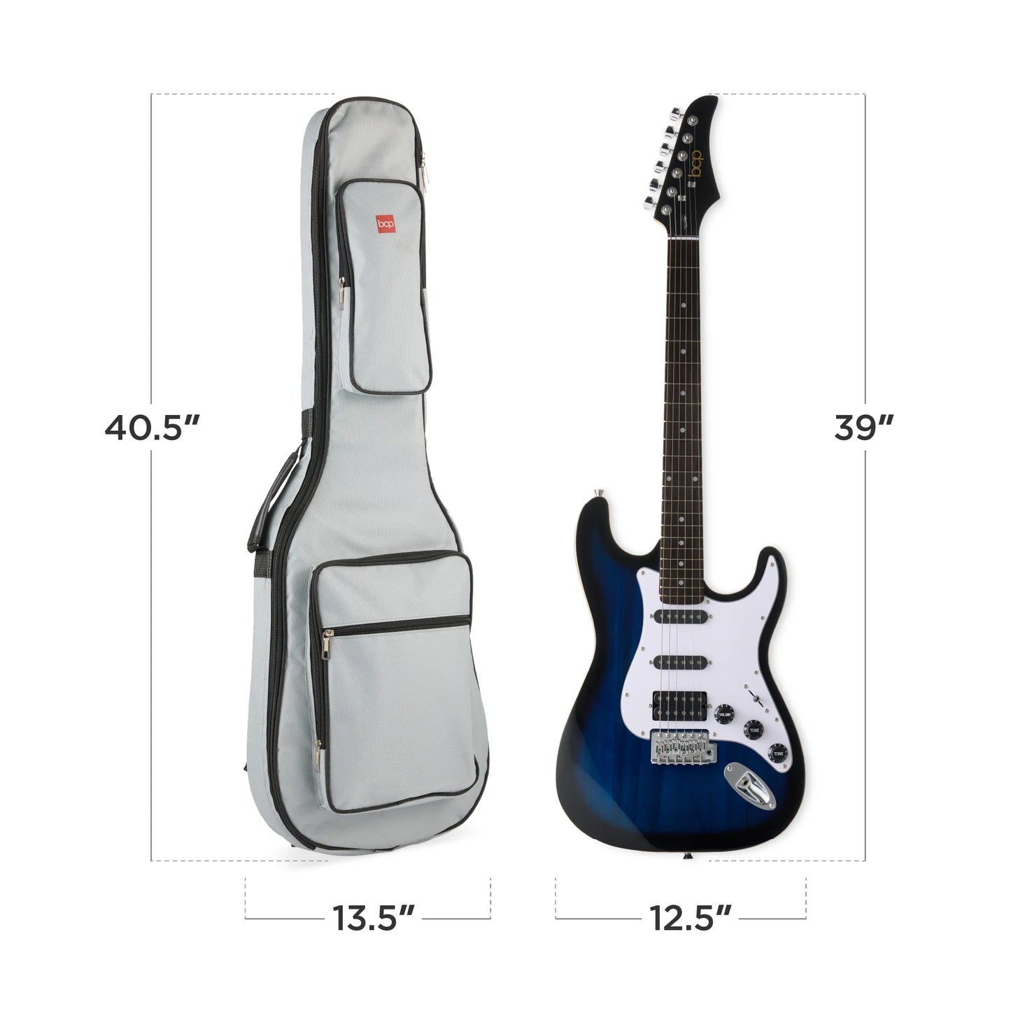 Beginner HSS Electric Guitar Kit W/ Headphone Amp, Gig-Bag, Headphones - Hollywood Blue/White