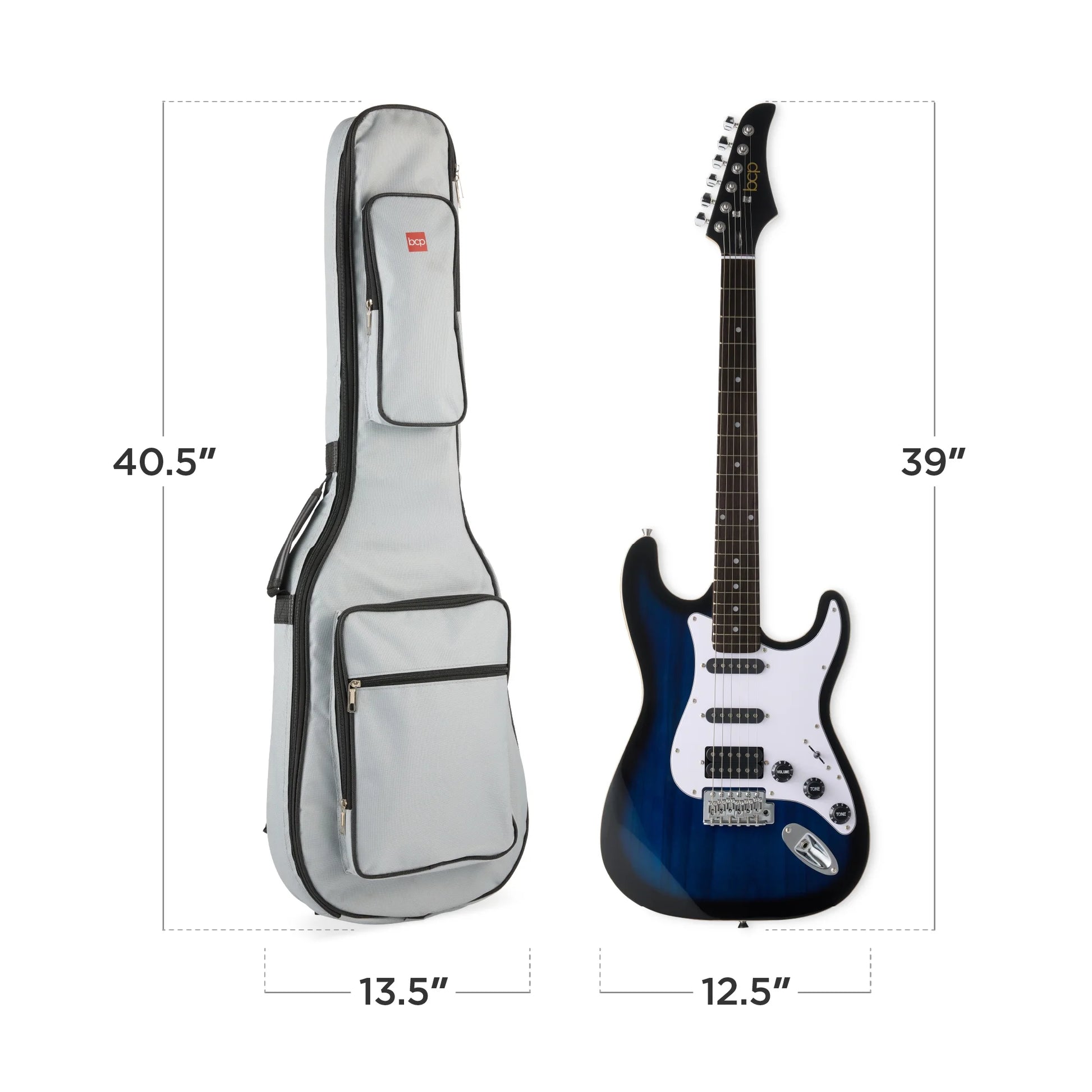 Beginner HSS Electric Guitar Kit W/ Headphone Amp, Gig-Bag, Headphones - Hollywood Blue/White