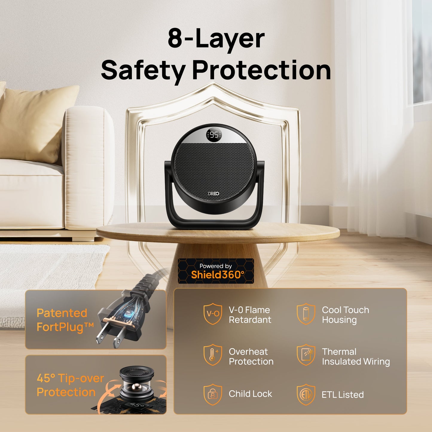 Heater, Space Heater with 60° Adjustable Tilt, 1500W Electric Heaters for inside with Thermostat, 8 Safety Protections, 12H Timer, 3 Modes, Remote, Portable Heater for Home, Office