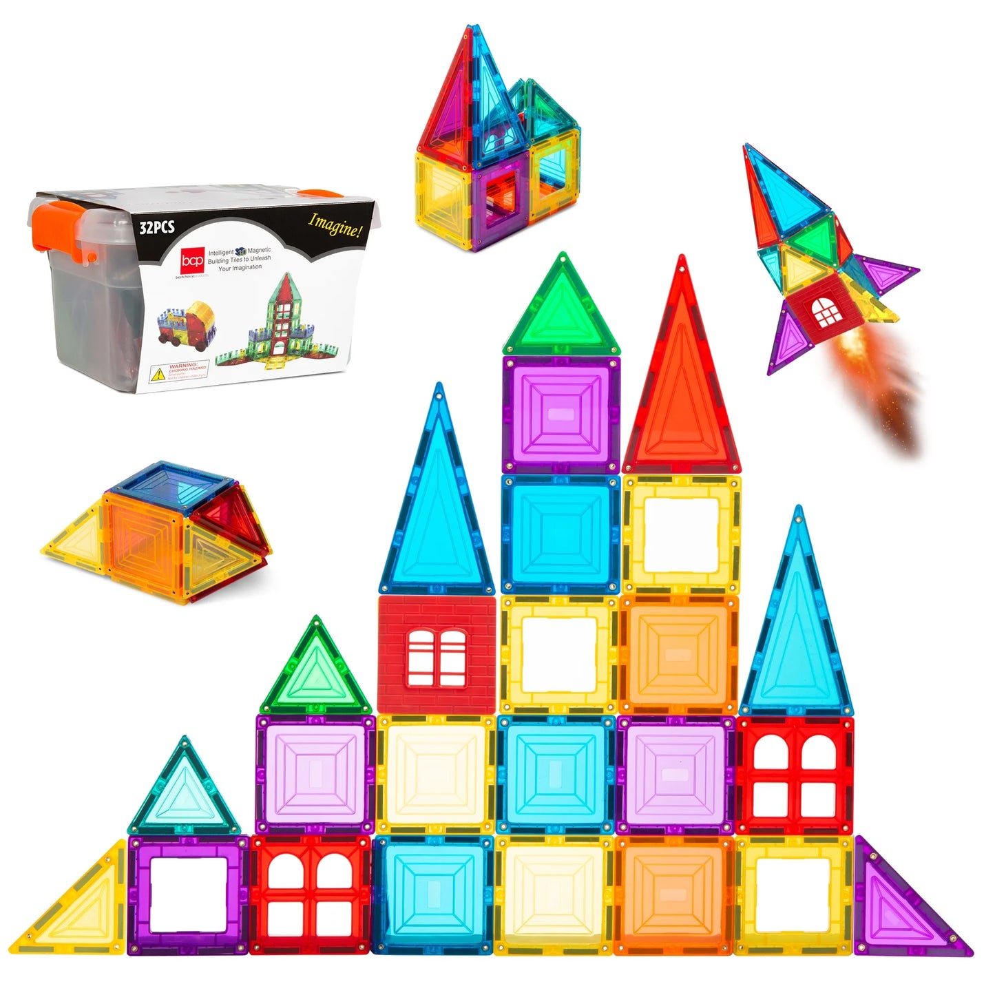 32-Piece Kids Magnetic Tiles Set, Educational Building STEM Toy W/ Case - Multicolor