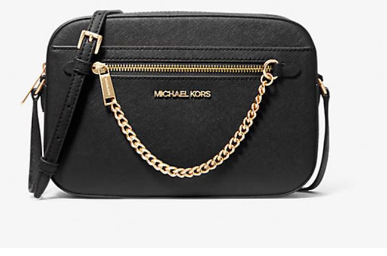 Women'S Adult Two inside Pockets Leather East West Chain Crossbody Bag, Black/Large