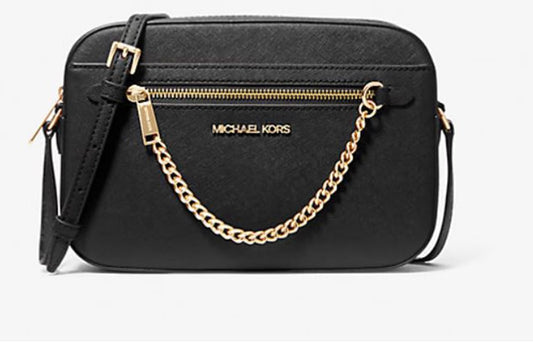 Women'S Adult Two inside Pockets Leather East West Chain Crossbody Bag, Black/Large