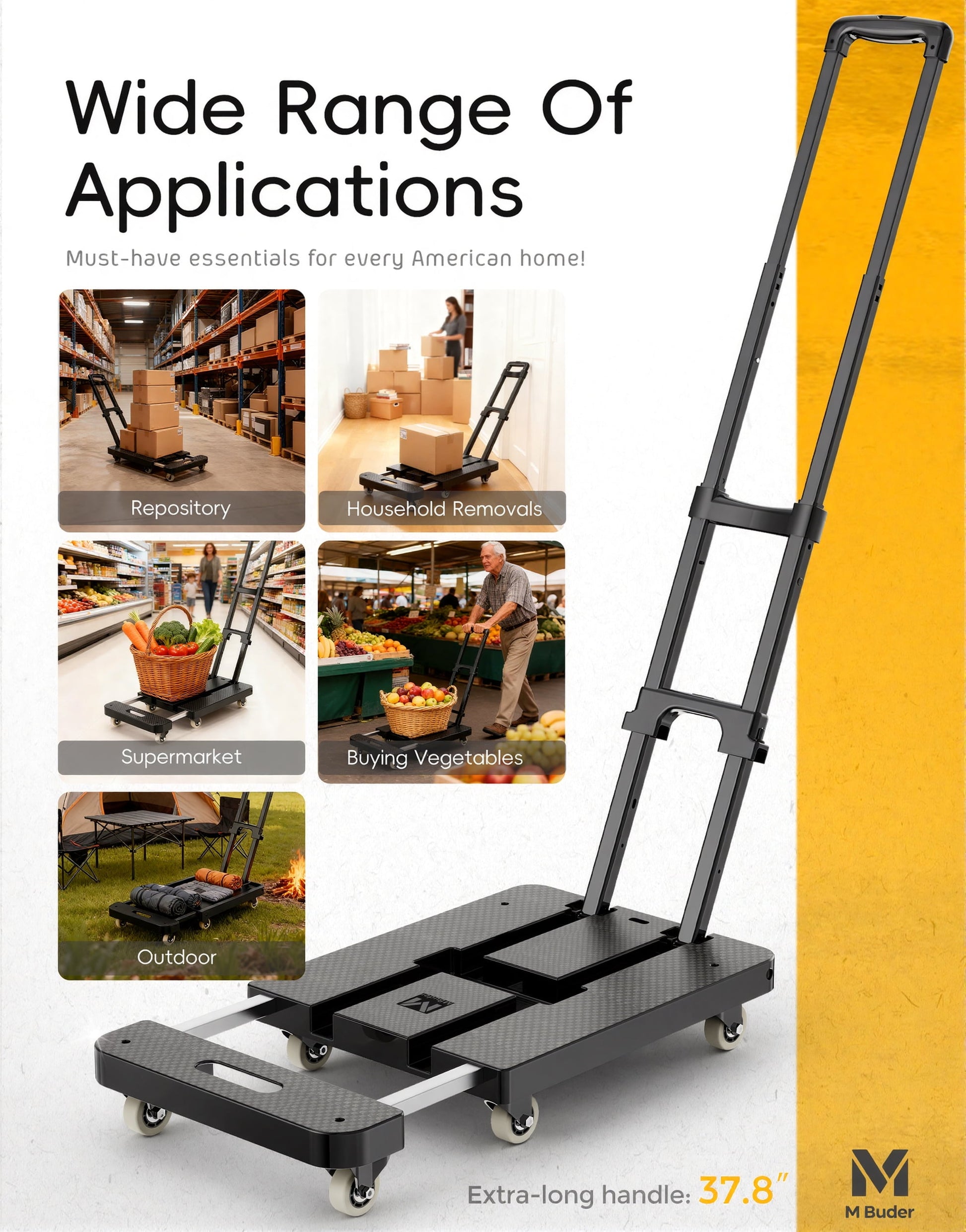 Folding Hand Truck, 500 LBS Heavy Duty Dolly Cart, Utility Platform Cart with 6 Wheels for Travel, House, Office, Shopping, Moving Use - Black Folded Size Is 11.8 X 17.7”