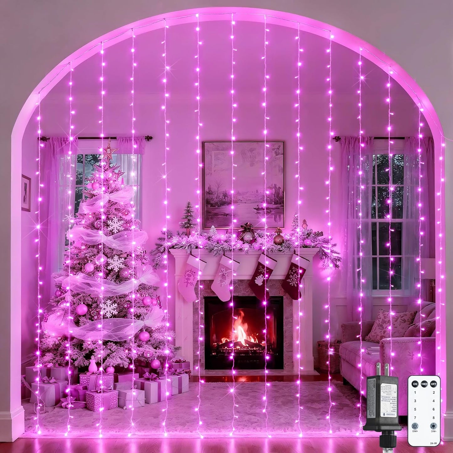 300 LED Curtain Lights Plug in with Remote, 9.8X9.8Ft Pink Valentine Lights Lights Indoor, 8 Modes Pink Christmas String Lights for Bedroom Window Wall Party Proposal Valentine'S Day Decor