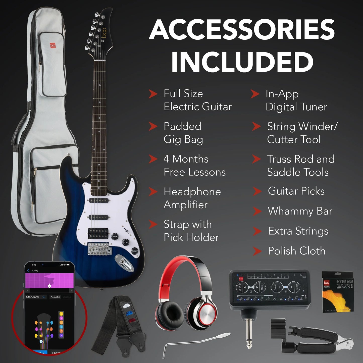 Beginner HSS Electric Guitar Kit W/ Headphone Amp, Gig-Bag, Headphones - Hollywood Blue/White