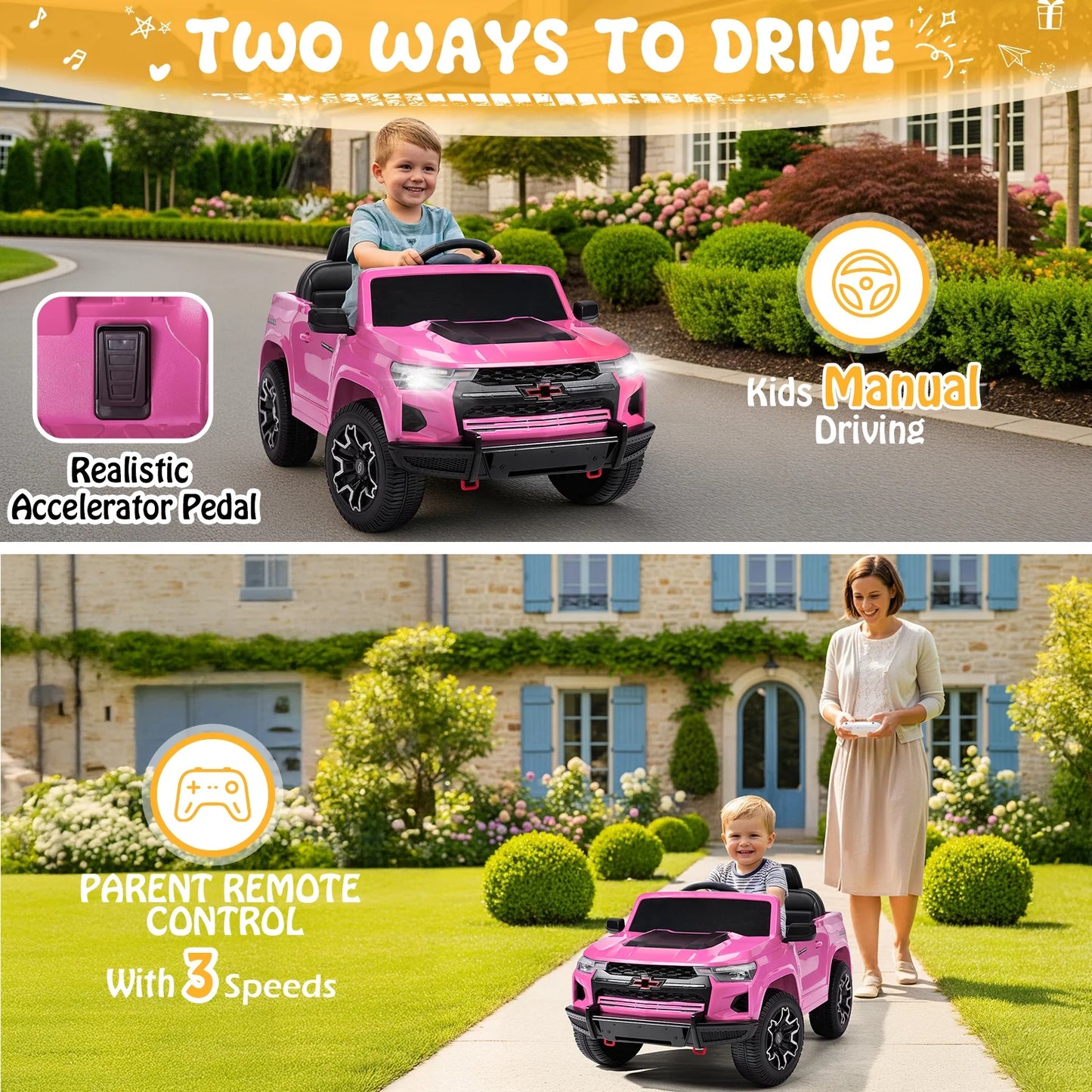 12V Licensed Chevrolet Colorado Electric Ride on Car Toy for Toddler Kid W/ Remote Control, LED Lights, Pink