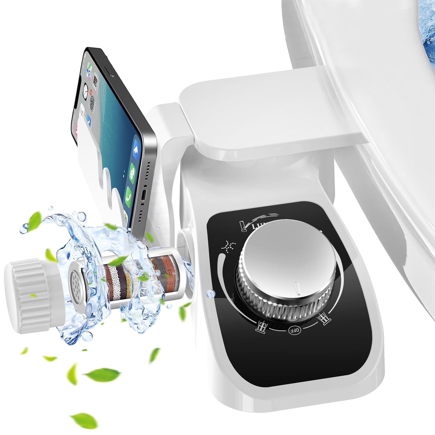 Dual Nozzle Non-Electric Bidet Toilet Attachment with Filtration and Self-Cleaning, Adjustable Pressure Control