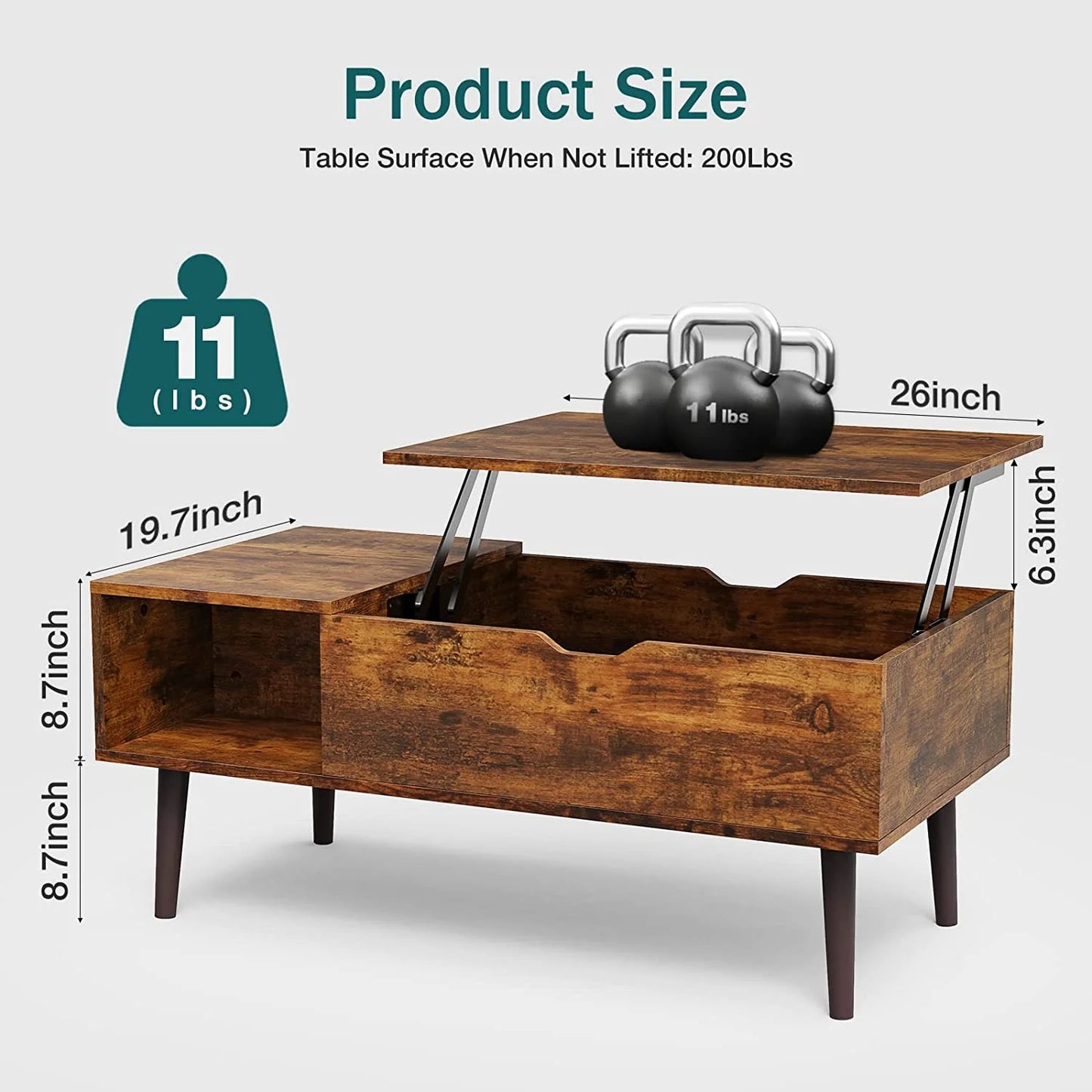 Adjustable Height Wooden Coffee Table with Hidden Compartments and Shelves - Perfect for Small Homes, Apartments, Reception Rooms, Rust Brown