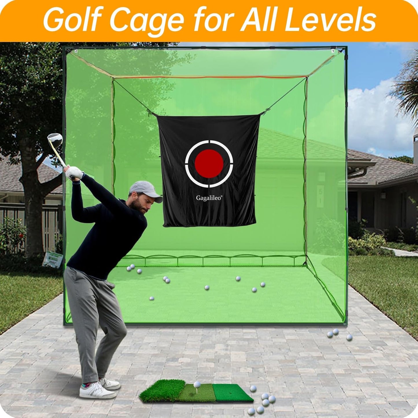 Golf Cage Net with Steel Frame and Target: 10X10X10FT Heavy Duty Practice Net for Backyard Driving & Indoor Driving Range Outdoor Training