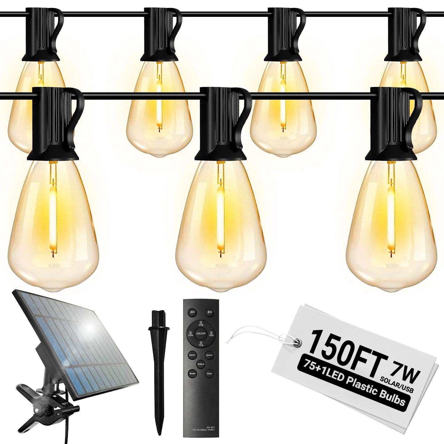 150FT Solar Outdoor String Lights, with 75 ST38 Shatterproof Bulbs,Solar Powered, Waterproof Hanging Lights for Patio Garden Decor