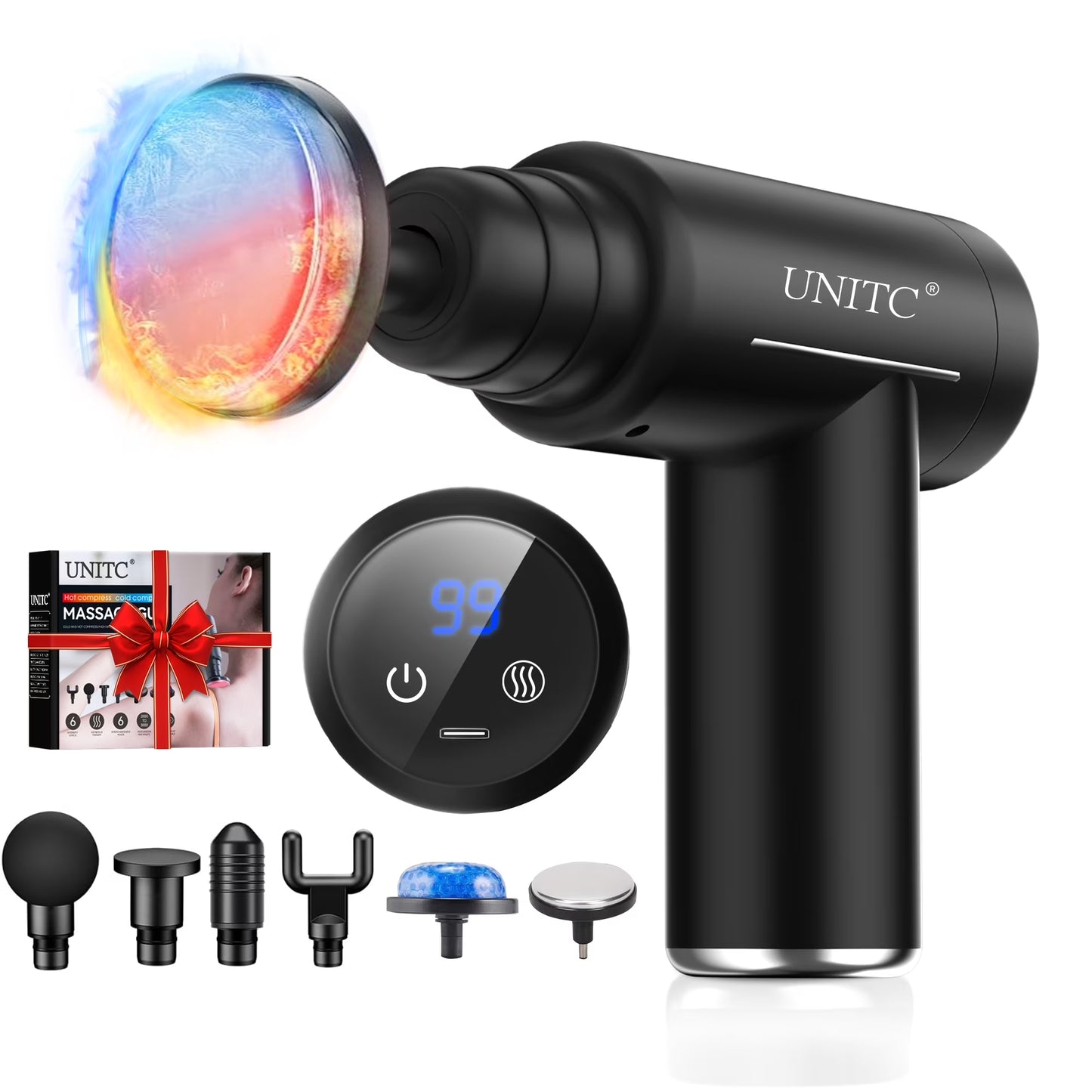 Mini Massage Gun with Heat&Cold, Deep Tissue Messager with 6 Heads, Gifts