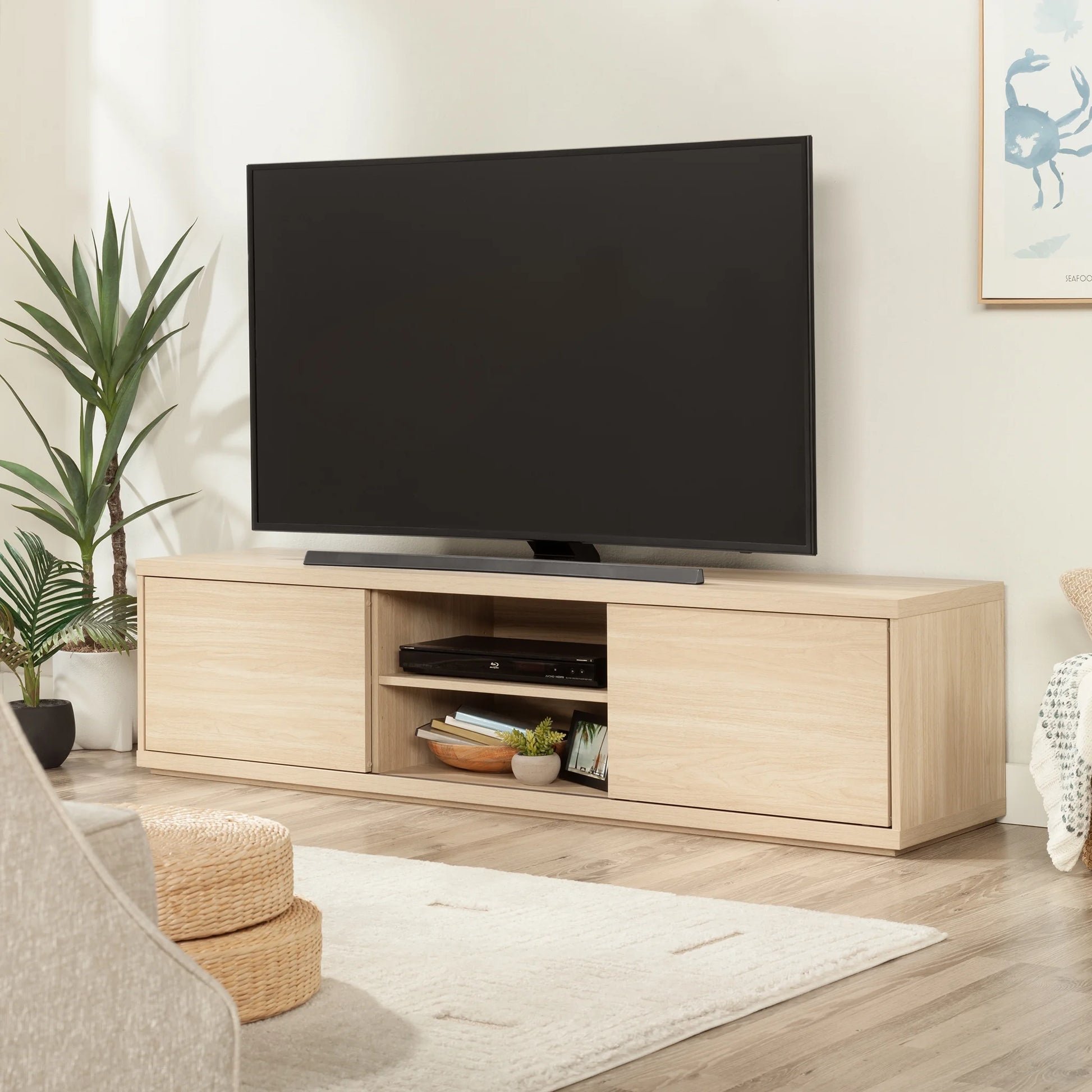 Westley Sliding Door TV Stand for Tvs up to 75”, Spring Pine Finish