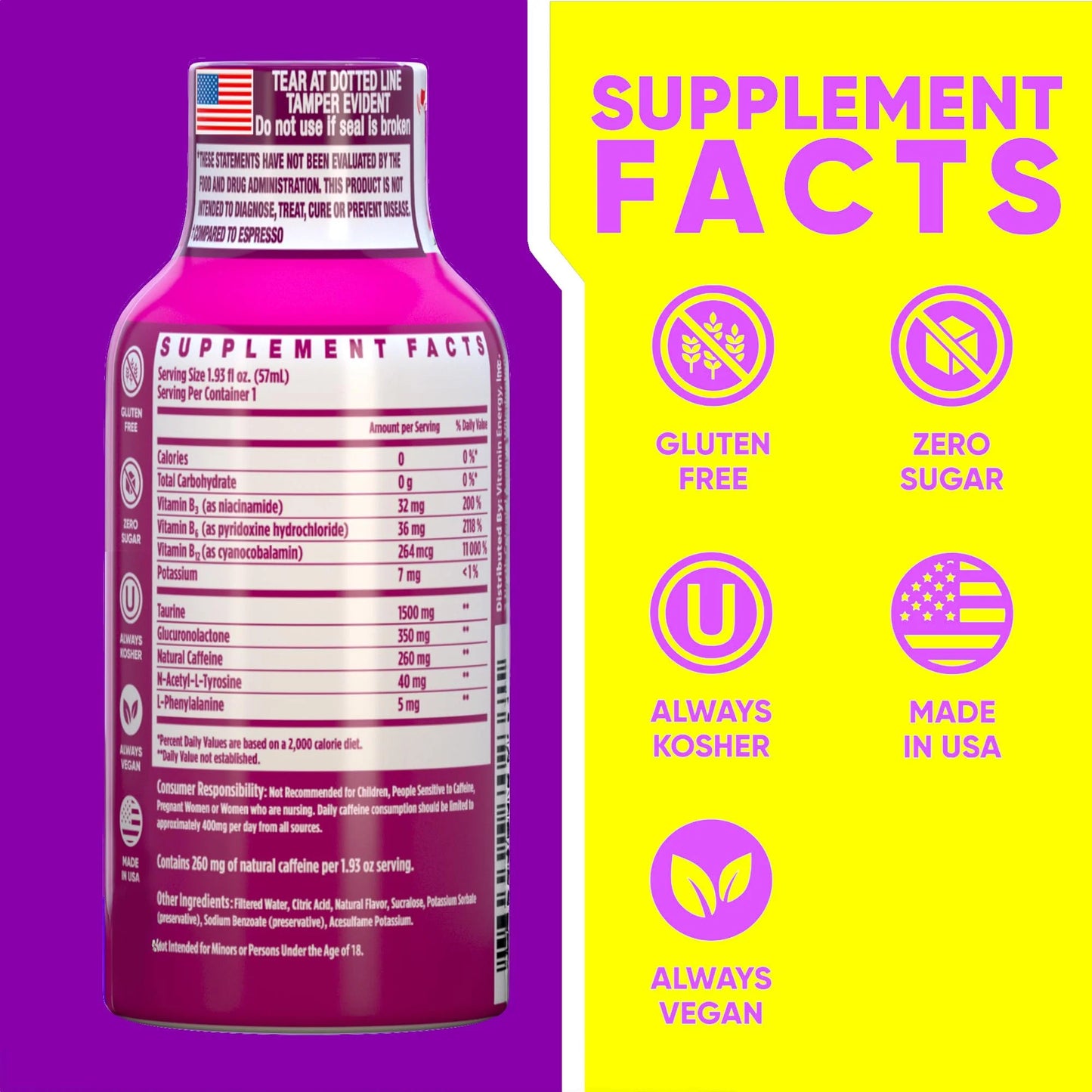 B12 Extra Strength Shot, Pink Berry, 12 Pack – 260Mg Natural Caffeine, 11,000% DV B12 & B6, Zero Sugar, 1.93 Fl Oz