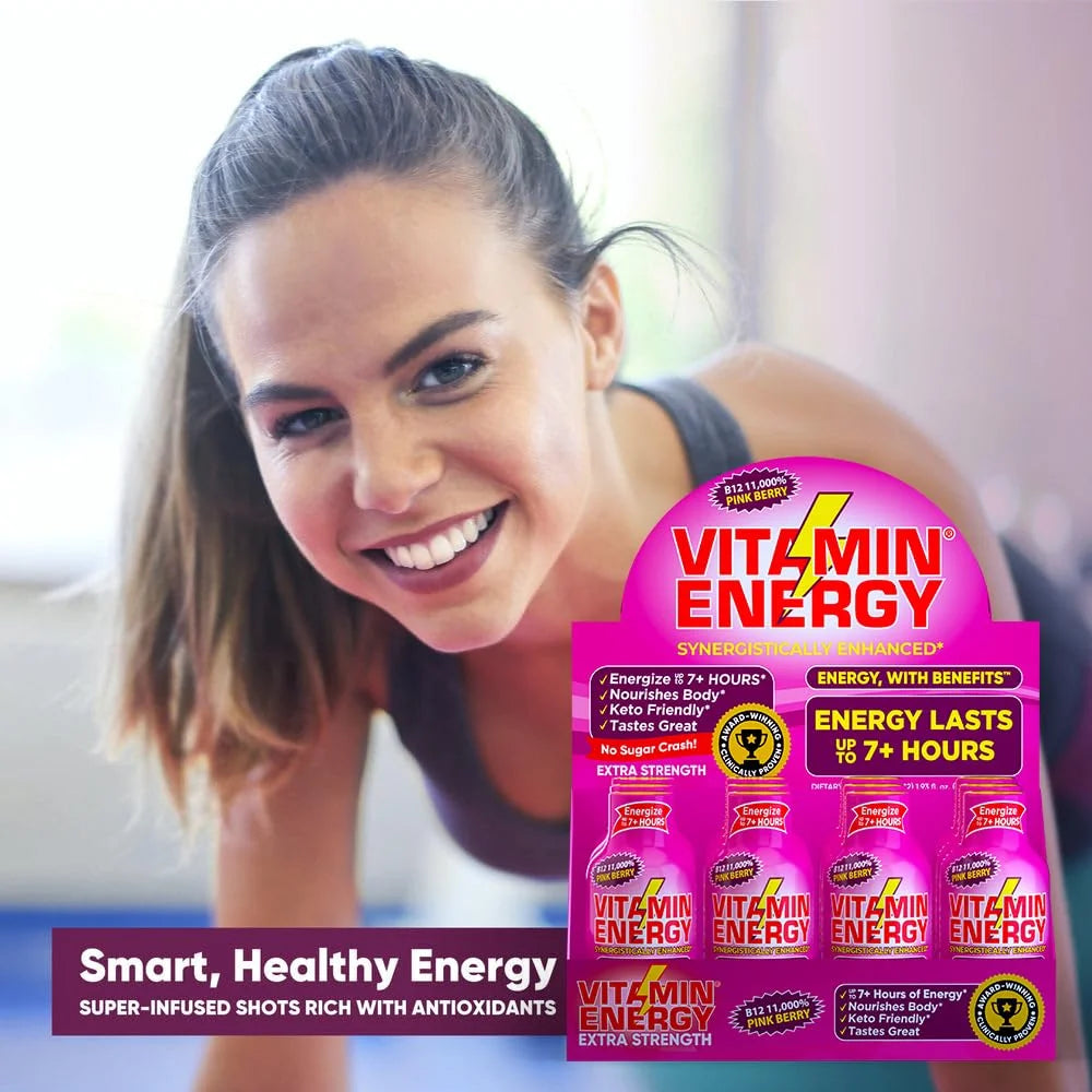 B12 Extra Strength Shot, Pink Berry, 12 Pack – 260Mg Natural Caffeine, 11,000% DV B12 & B6, Zero Sugar, 1.93 Fl Oz