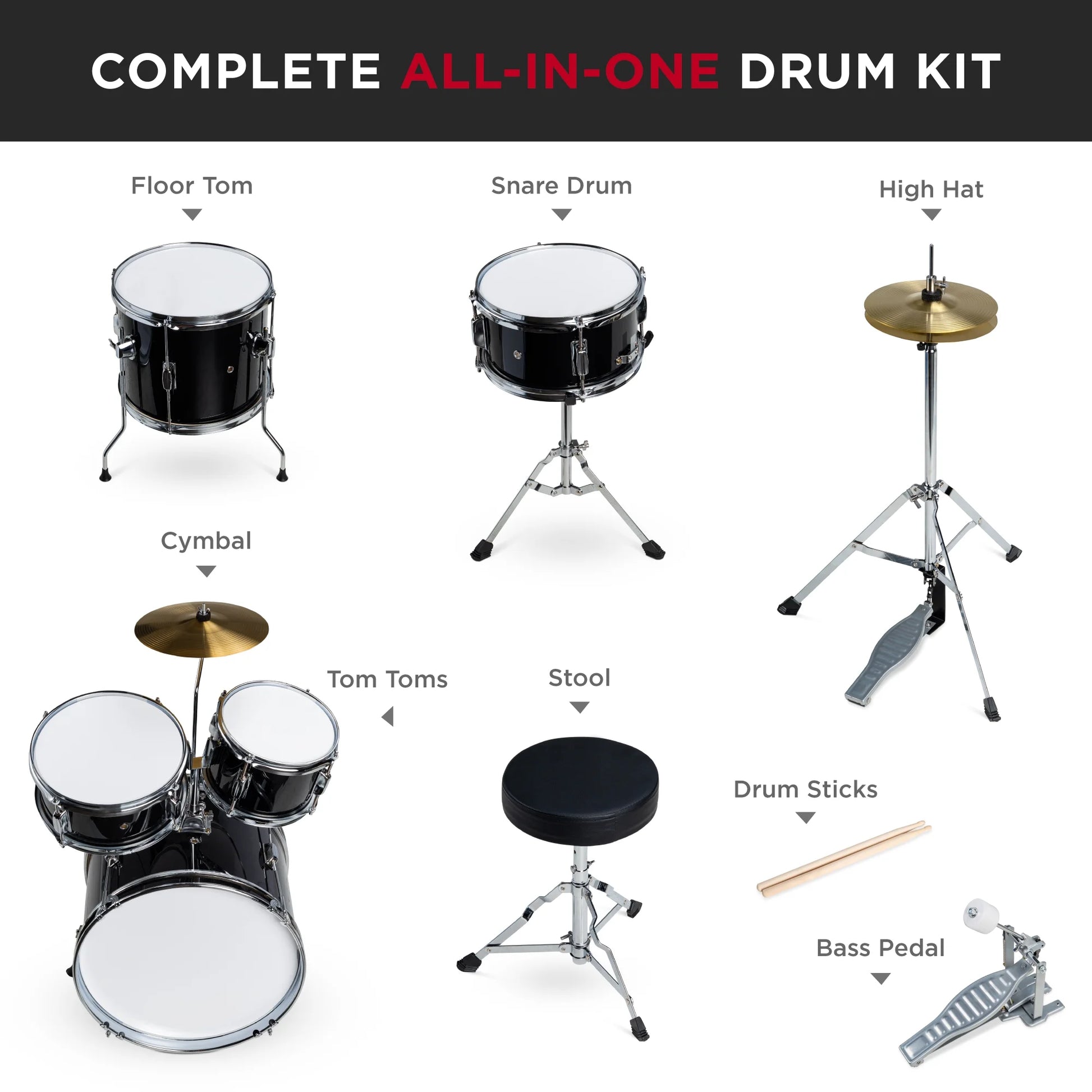 5-Piece Kids Beginner Junior Drum Set, Percussion Instrument Starter Kit W/ Stool - Black