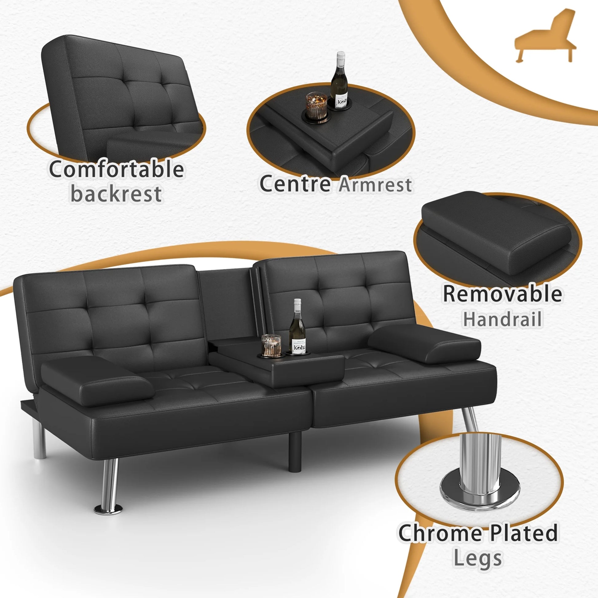 Futon Sofa Bed Faux Leather Couch Modern Convertible Folding Recliner with 2 Cup Holders