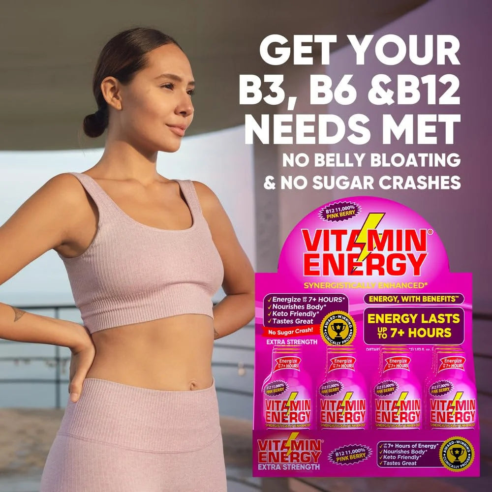 B12 Extra Strength Shot, Pink Berry, 12 Pack – 260Mg Natural Caffeine, 11,000% DV B12 & B6, Zero Sugar, 1.93 Fl Oz