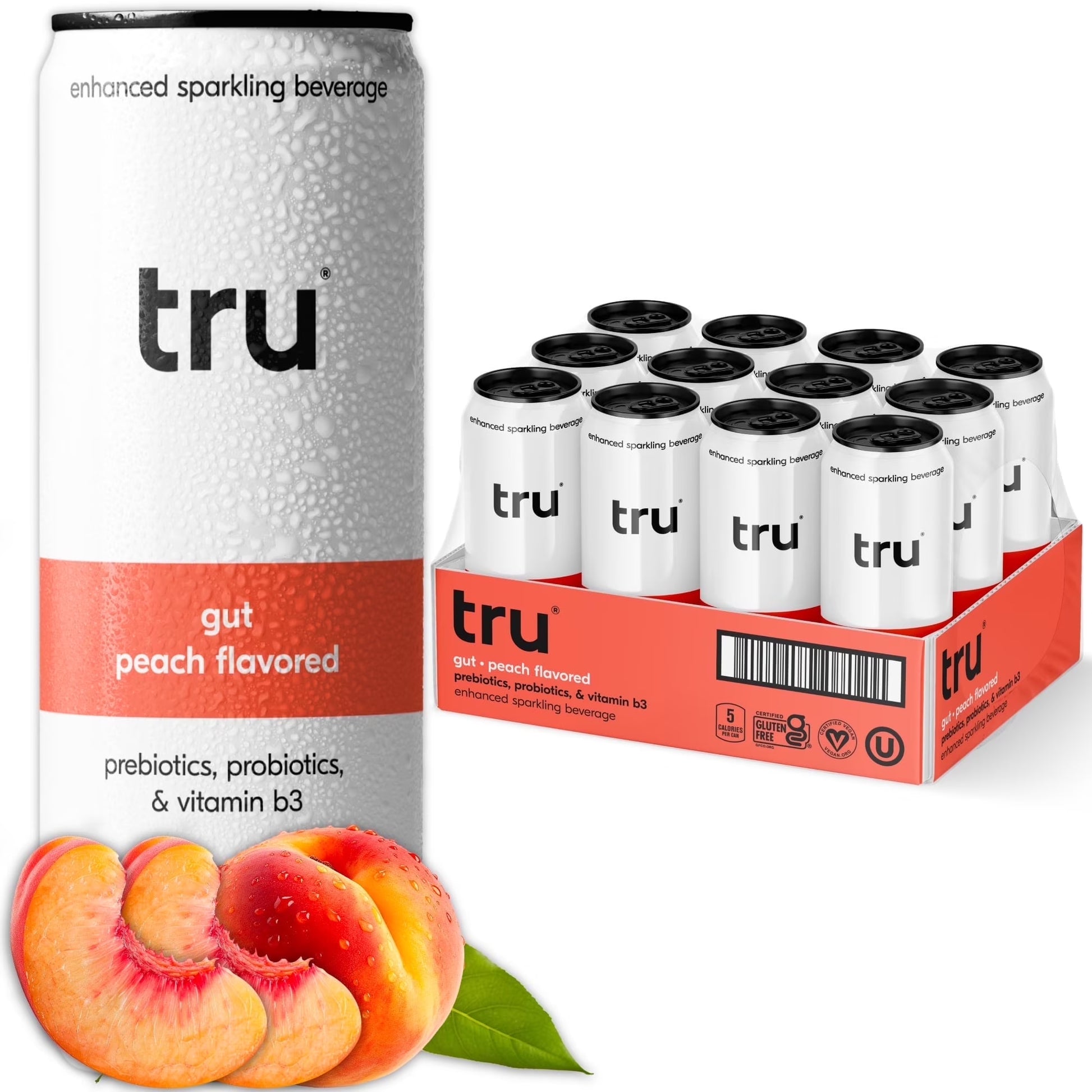 Gut Sparking Water Peach Flavored Prebiotic Drink 12 Pack 12 Oz