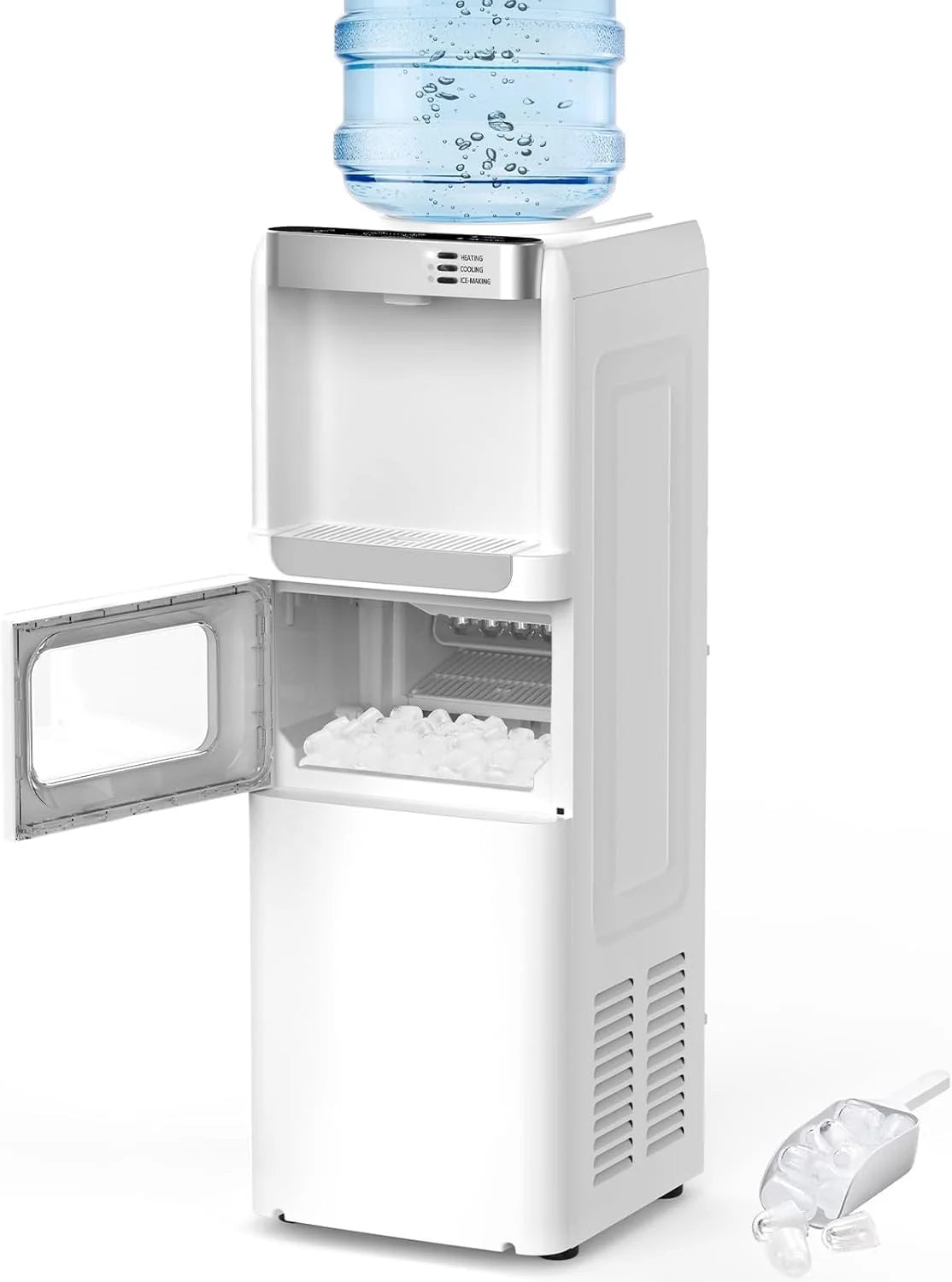 5 Gallon Water Dispenser with Ice Maker - 3-In-1 Hot/Cold Water Cooler, Touch Panel, Child Lock, Detachable Drip Tray, Compatible with 3 Gallon Jugs for Home & Office Use - White