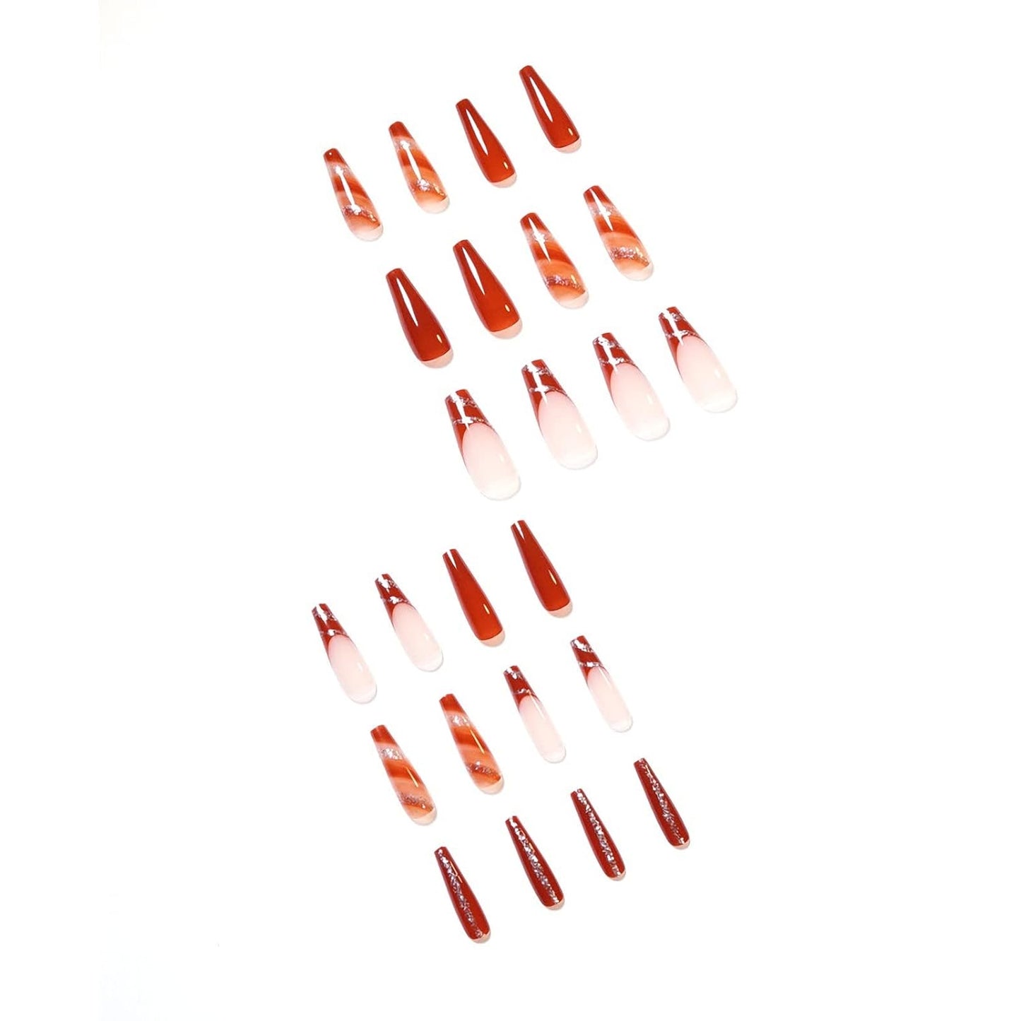 Press on False Nails Full Cover Glue Stick on Fake Nails - Long Coffin, Brown Fall Acrylic, 24Pcs, Bling Glossy Manicure for Women and Girls