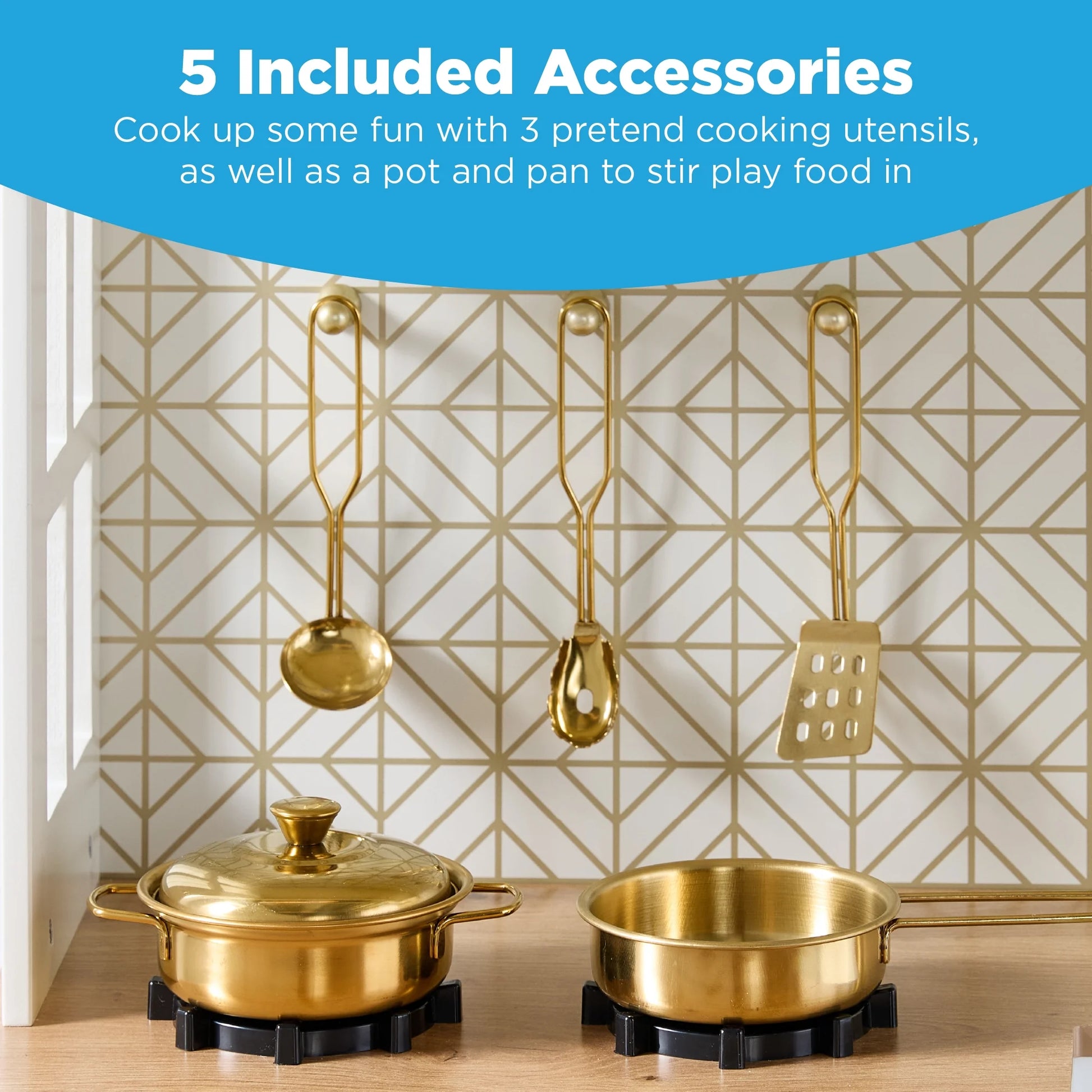 Pretend Play Wooden Farmhouse Kitchen Set W/ Storage, Clicking Knobs, 5 Accessories - Cream