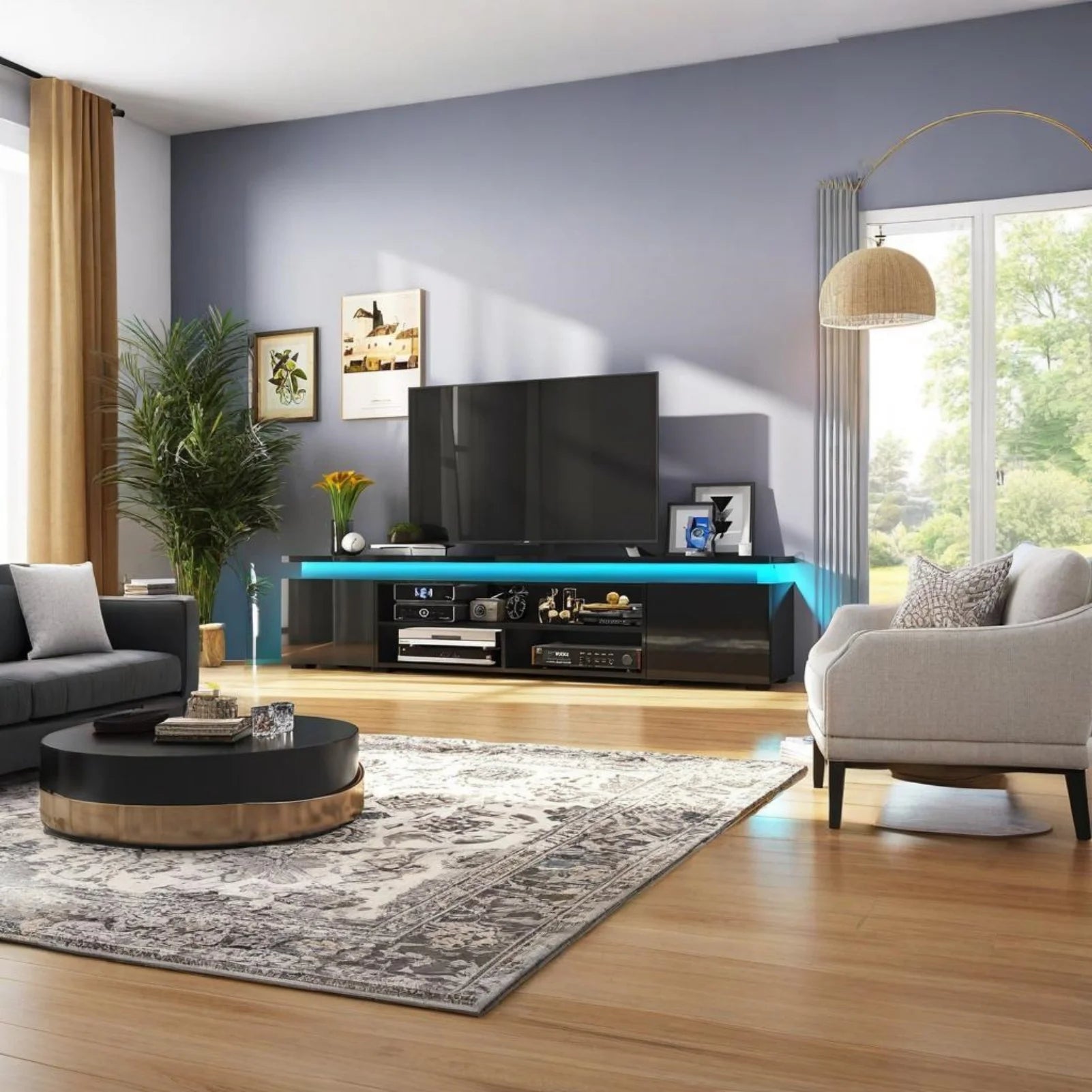 LED TV Stand for up to 85" Tvs with Power Outlet, 75" Large Entertainment Center Console Table Gaming Soundbar Shelf with 2 Storage Cabinets